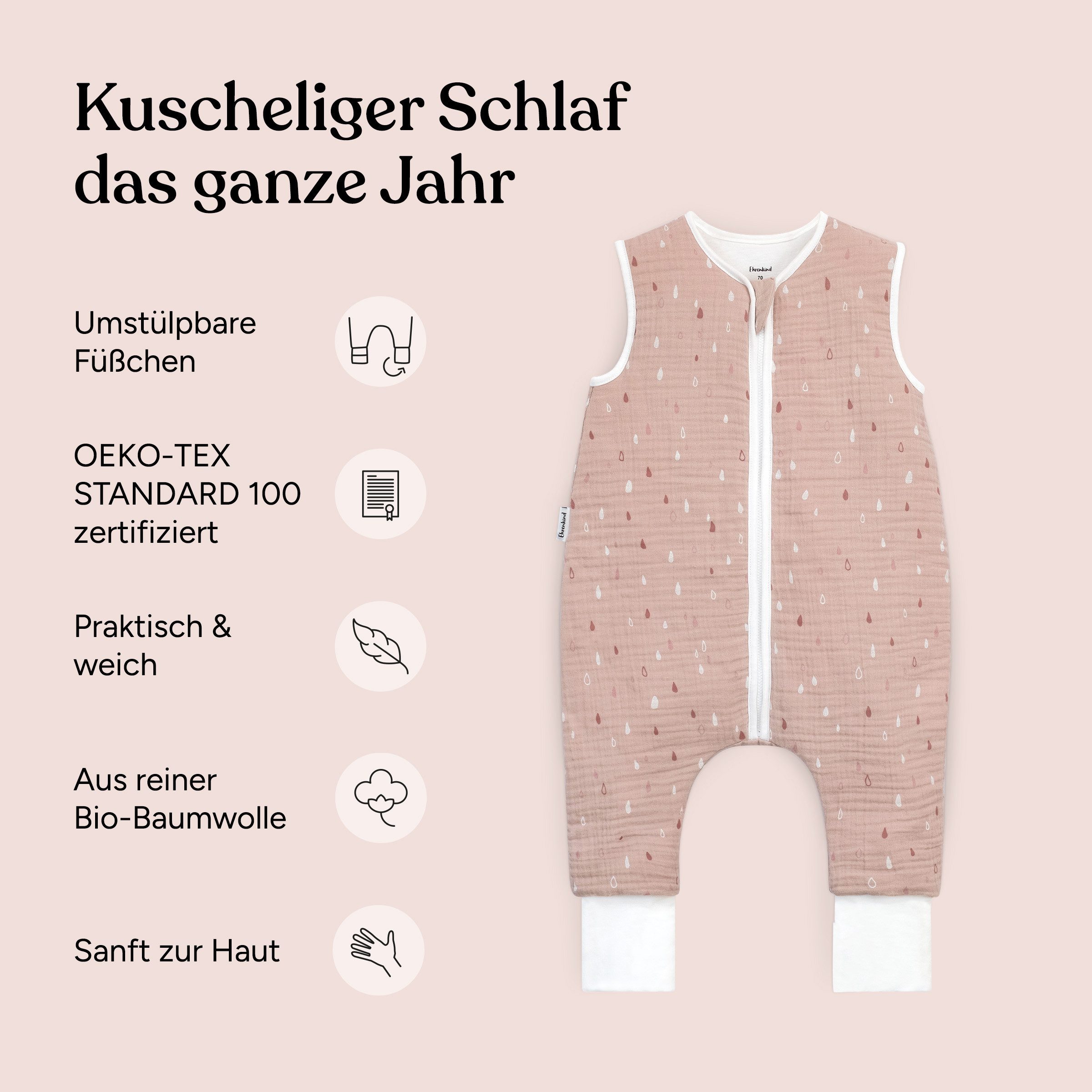 Ehrenkind Babyschlafsack Musselin Schlafsack mit Füßen 2.5 TOG (Ganzjahres-Schlafsack mit Beinen, Mehr Bewegungsfreiheit zu jeder Jahreszeit), Schlafsack Baby, 100% hochwertige Bio-Baumwolle