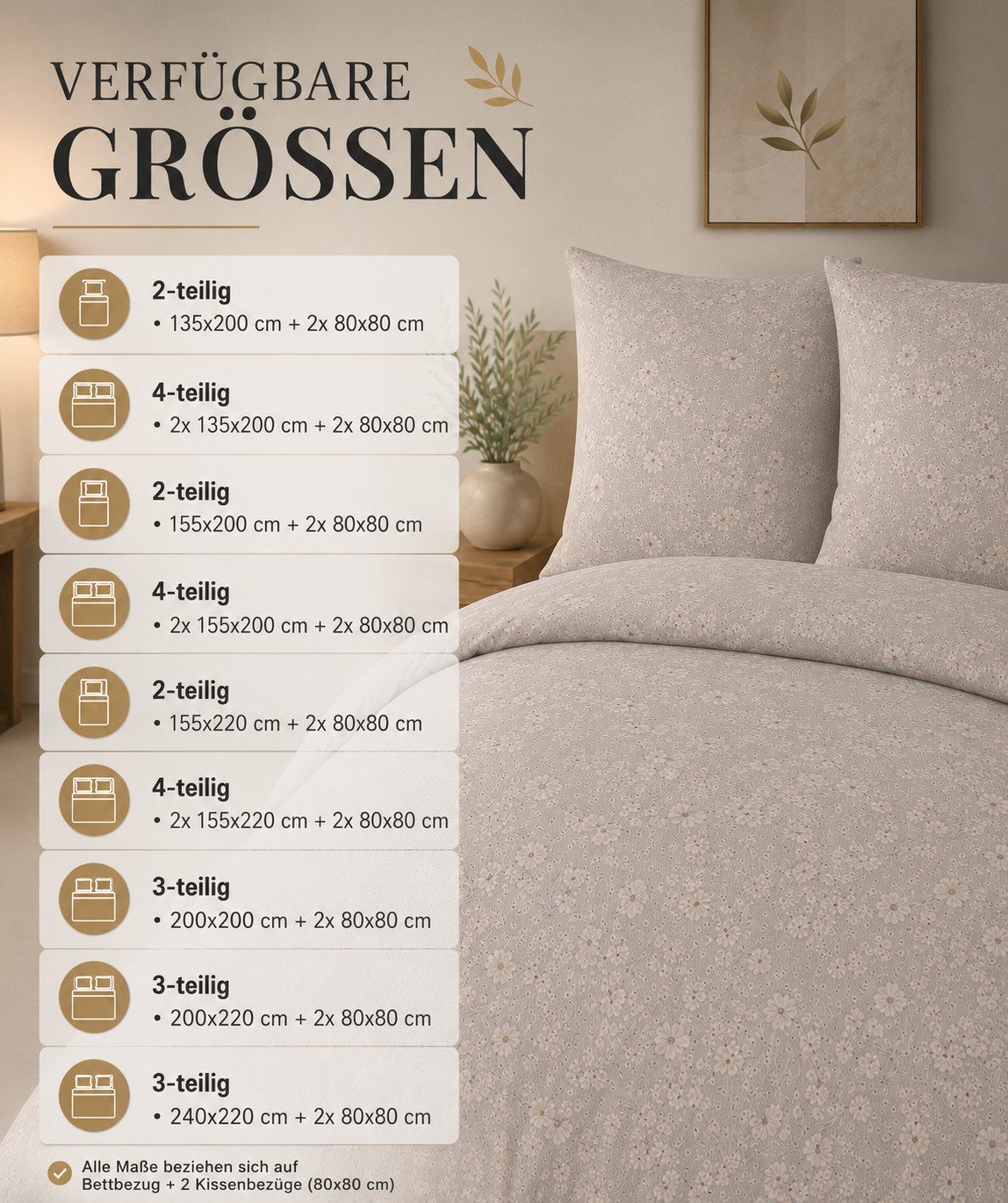 Leonado Vicenti Wendebettwäsche Set Baumwollmischung Beige Natur Blumen, Renforcé, 3 teilig, mit verdecktem Reißverschluss, Wendebettwäsche – Bild 4 von 5