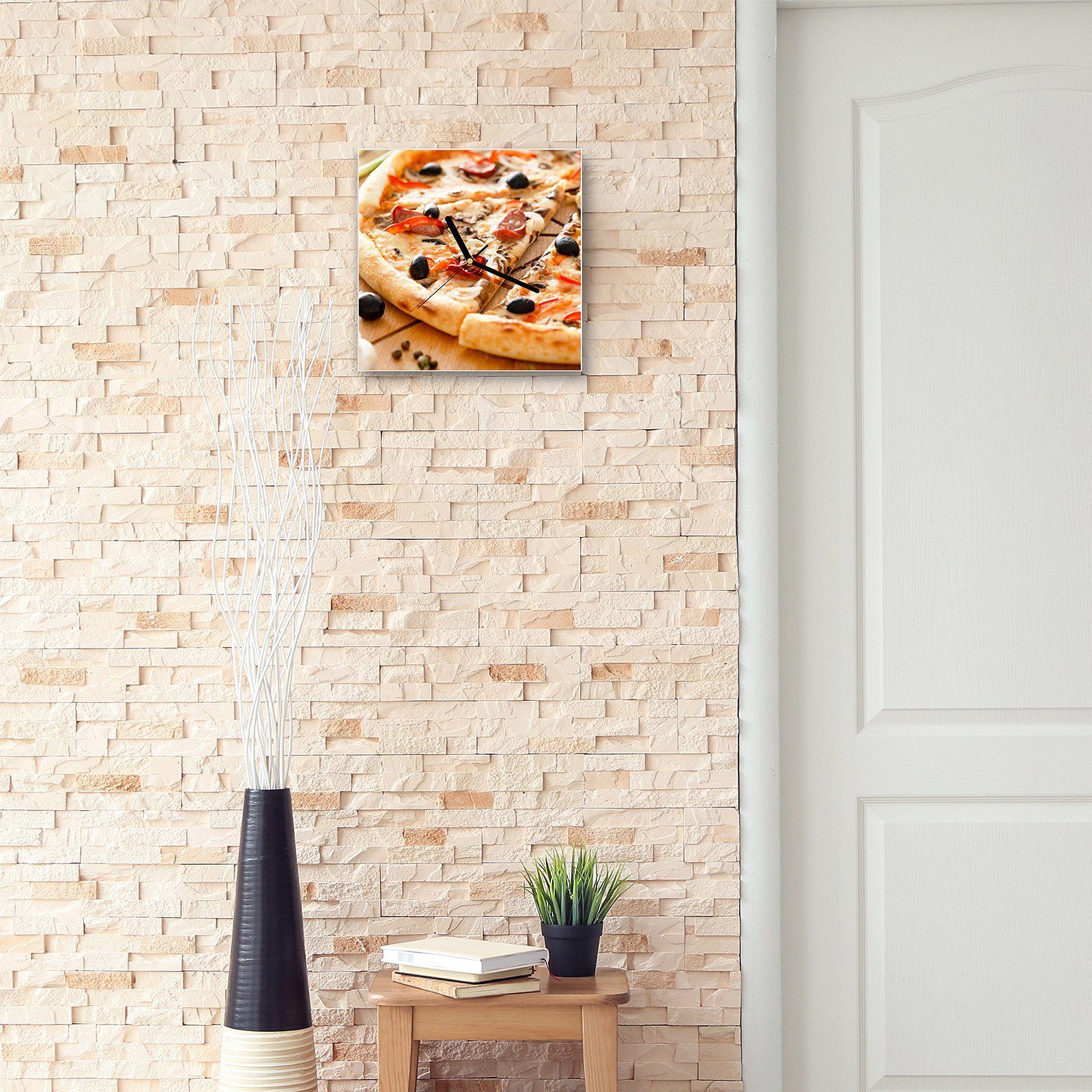 Primedeco Wanduhr Glasuhr Wanduhr 30 cm Wandkunst mit x Größe Pizza au Holz Motiv 30
