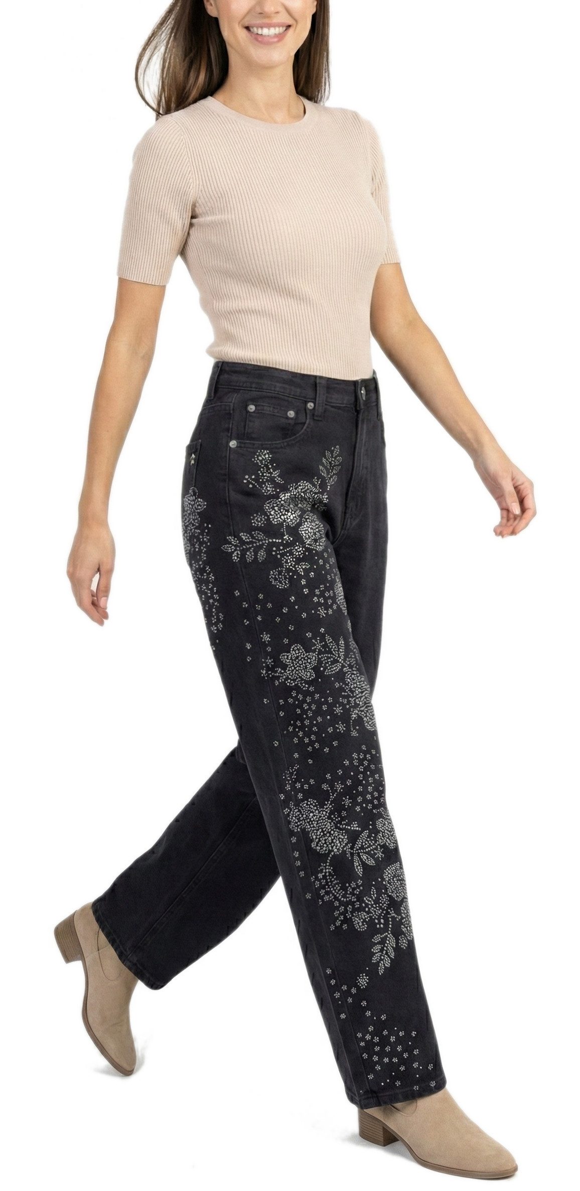 dy_mode Weite Jeans Damen Barrel-Jeans mit Glitzer-Verzierung Weit Bein Jea günstig online kaufen