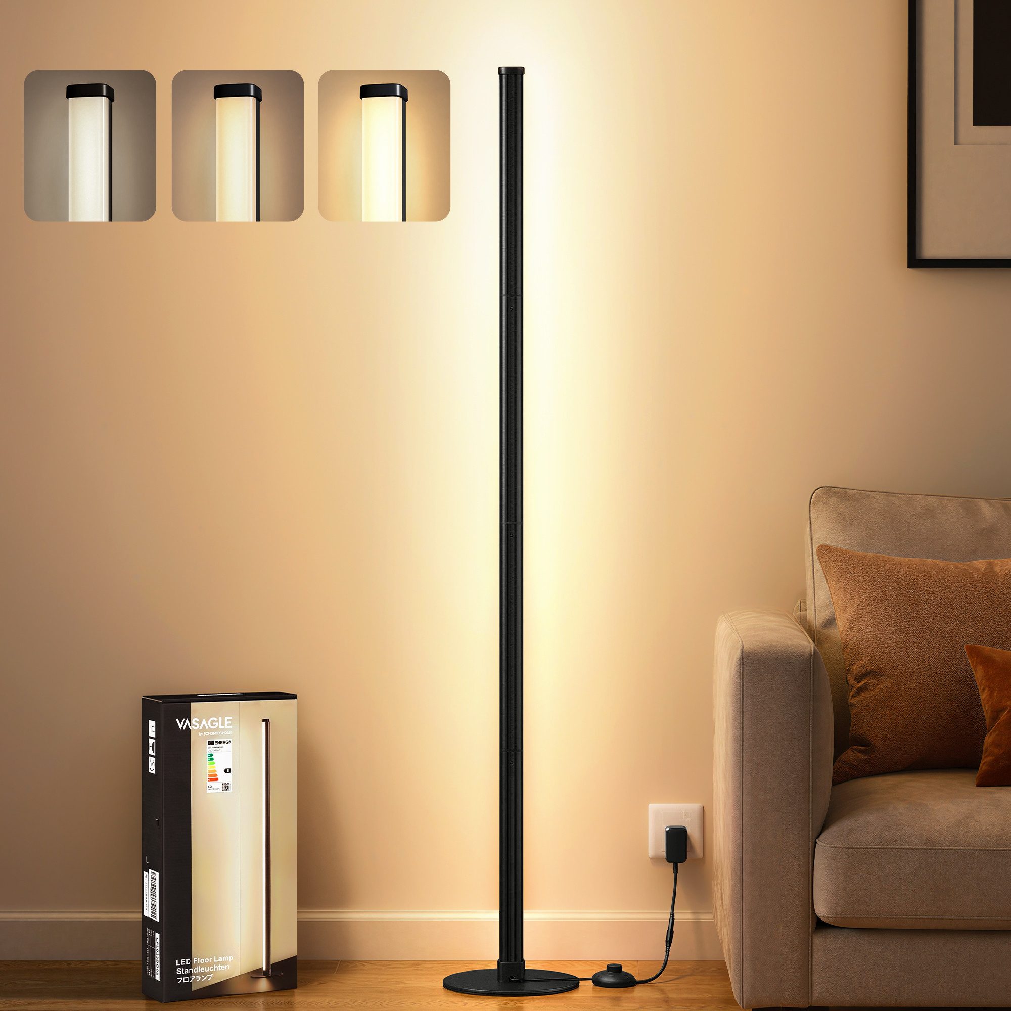 VASAGLE Stehlampe LED Wohnzimmer, Lampe Schlafzimmer, 18 x 18 x 139,4 cm, Dimmbar für Wohnzimmer 3000K Warmes Licht