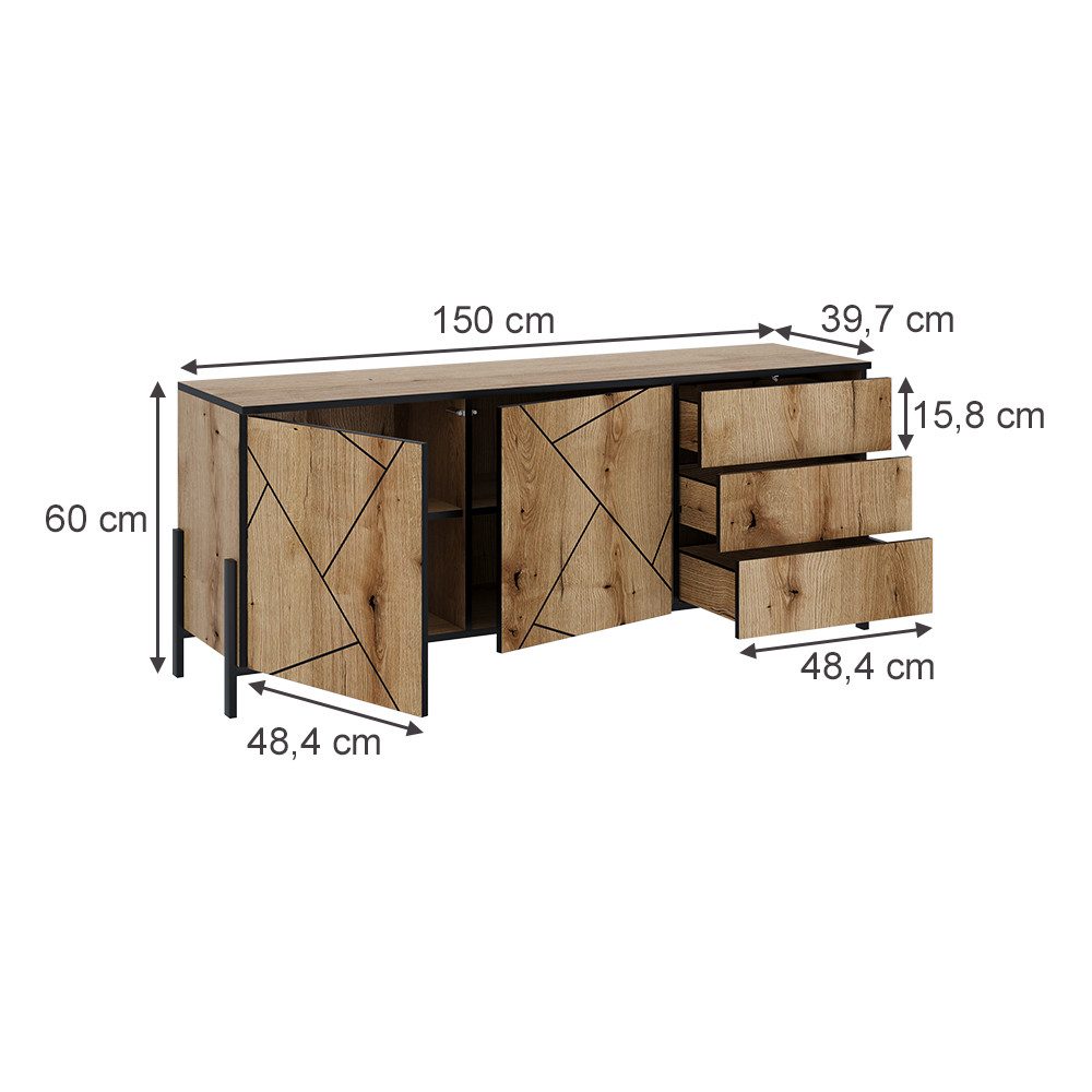 Vicco Lowboard Hatto, Eiche, 150 x 60 cm mit Türen und Schubladen günstig online kaufen