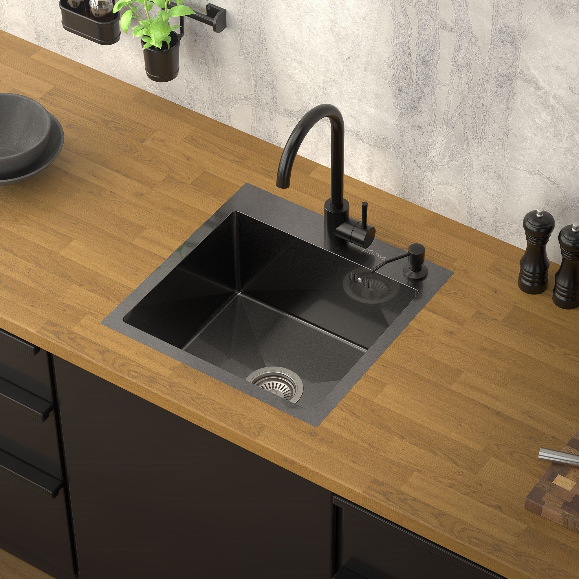 ML-DESIGN Küchenspüle Spülbecken aus Edelstahl, mit Ab- und Überlaufgarnitur & Siphon, 45/45 cm, Anthrazit Einzelbecken Waschbecken Küche Spüle Edelstahlspüle