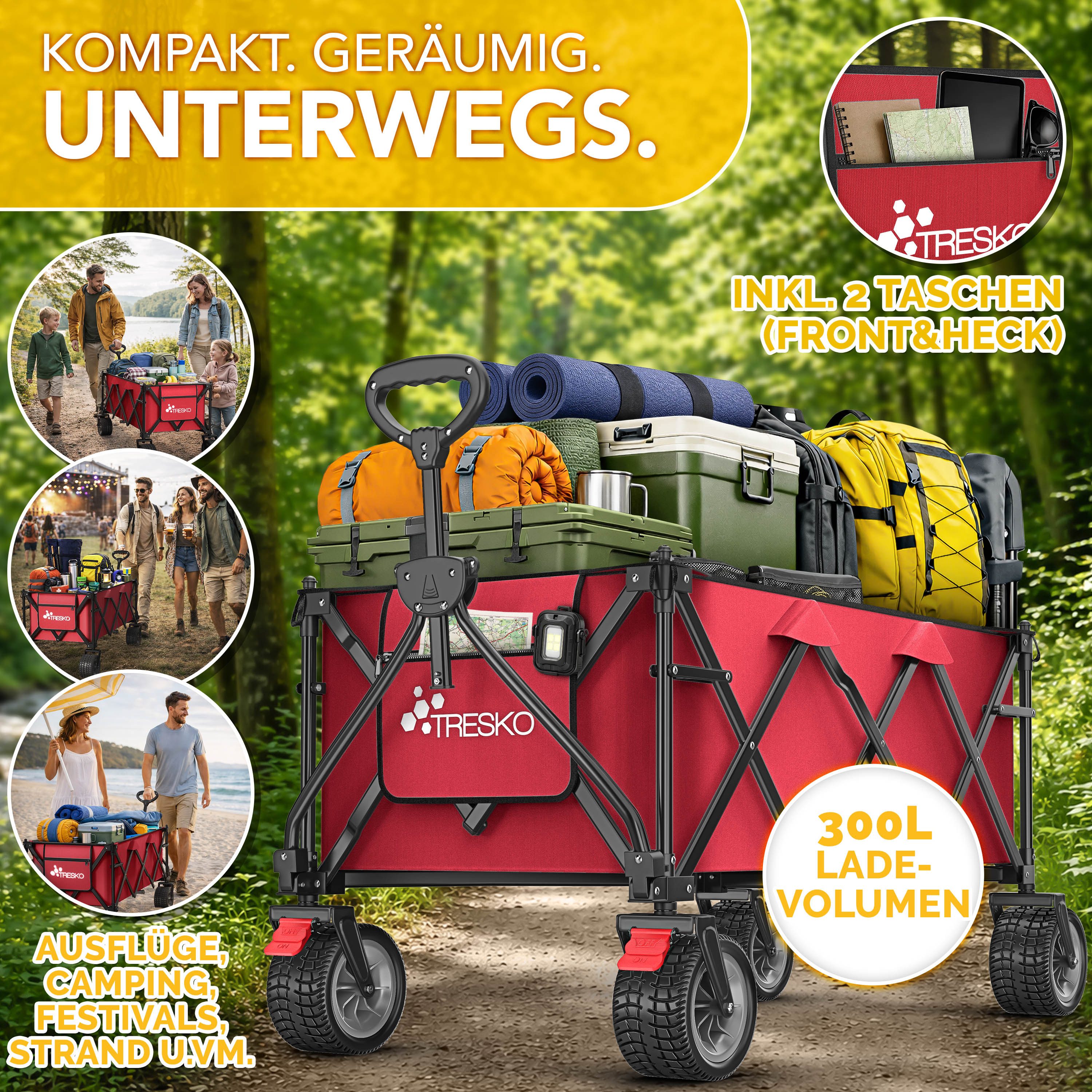 TRESKO Bollerwagen Bollerwagen faltbar 300L mit Bremse Handwagen klappbar 150kg (inkl. Vollgummireifen Faltbarer Strandwagen mit Extra Breite All-Terrain-Räder, Gartenwagen Transportwagen mit Tragetasche)