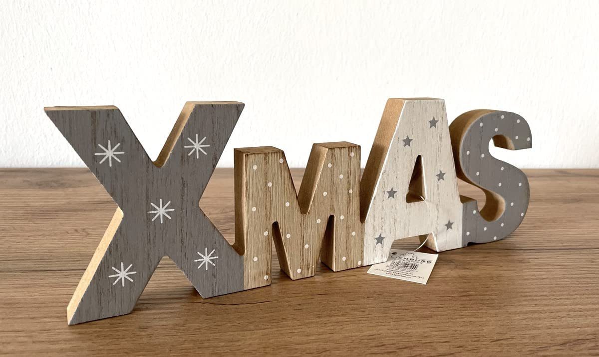 LB H&F Lilienburg Deko-Schriftzug Deko Tisch Weihnachten Fenster Holz Schriftzug XMAS Figur Advent weiß, Weihnachtsdeko Dekoration Weihnachtsdekoration Dekofigur grau