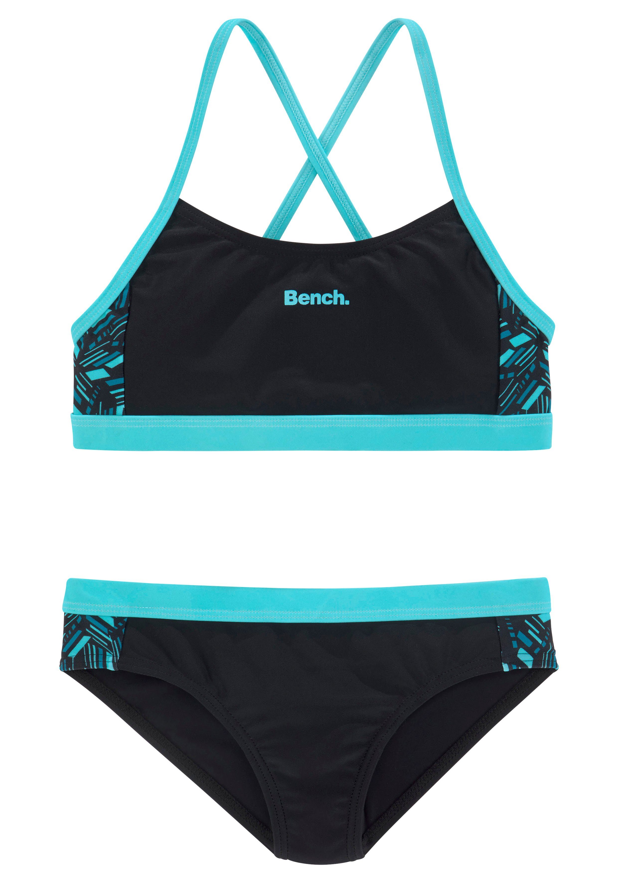 2024 super beliebt Bench. Bustier-Bikini mit geometrische bedruckten schwarz-blau Einsätzen