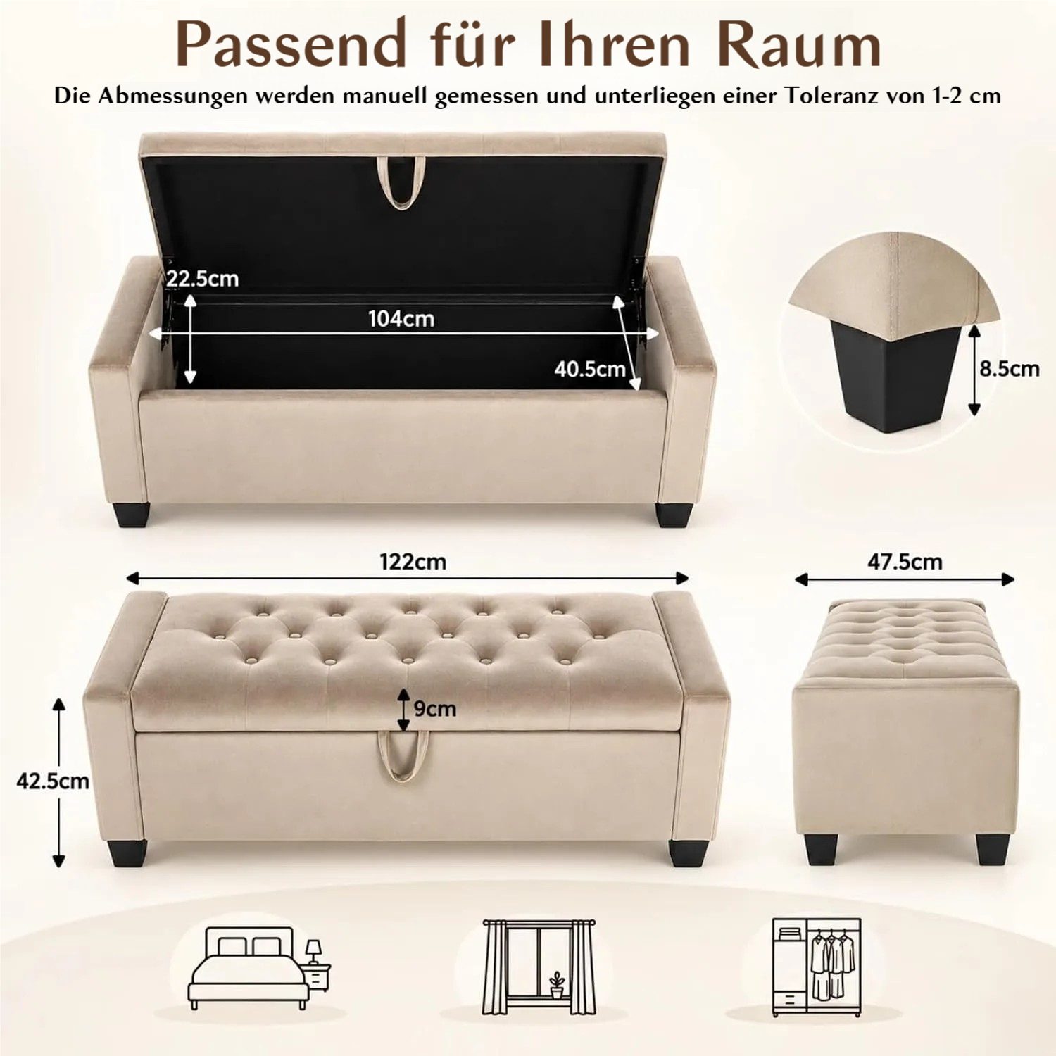 TLGREEN Bettbank Samt Sitzbank mit Stauraum,123x49x42 cm Aufbewahrungsbank, (bis 200 kg belastbar), für Wohnzimmer Schlafzimmer Flur – Bild 2 von 5