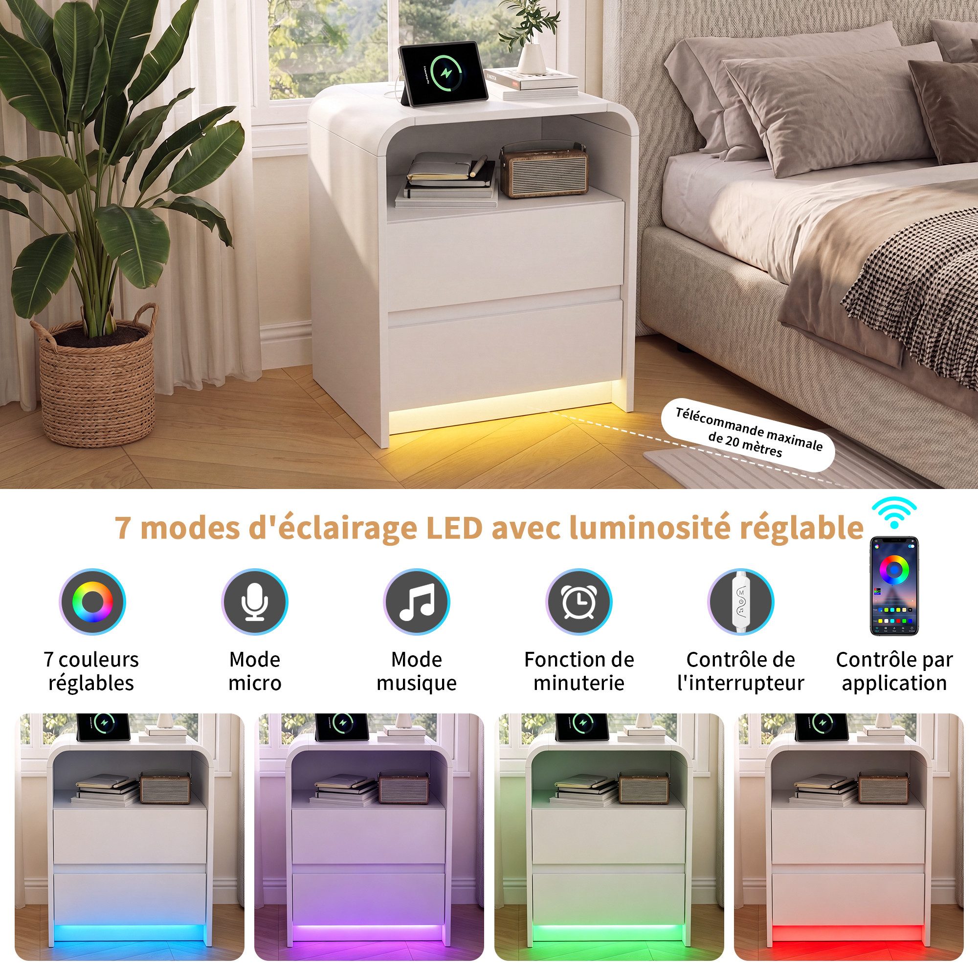 Simurq Nachttisch Nachtschrank 2er Set Mit LED-Beleuchtung Und Ladestation (Packung, Modern Beistelltisch Sofatisch Couchtisch Für Schlafzimmer, Wohnzimmer), Na – Bild 4 von 5