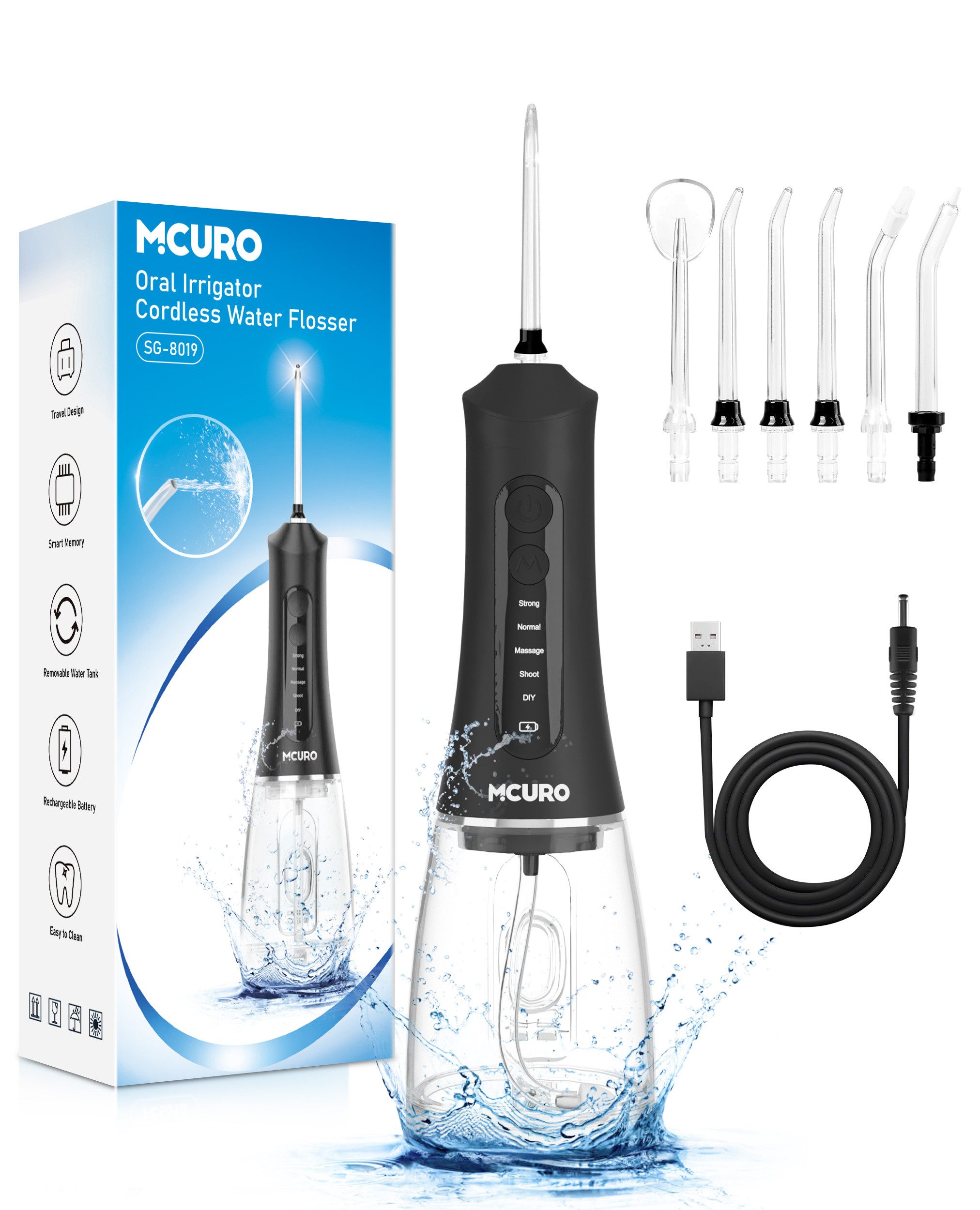 MCURO Munddusche Kabellose Munddusche mit orthodontischer Düse,lange Akkulaufzeit, Aufsätze: 6 St., Water Flosser,Reise-Munddusche 300ml Wassertank,5 Modi & 6 Düse
