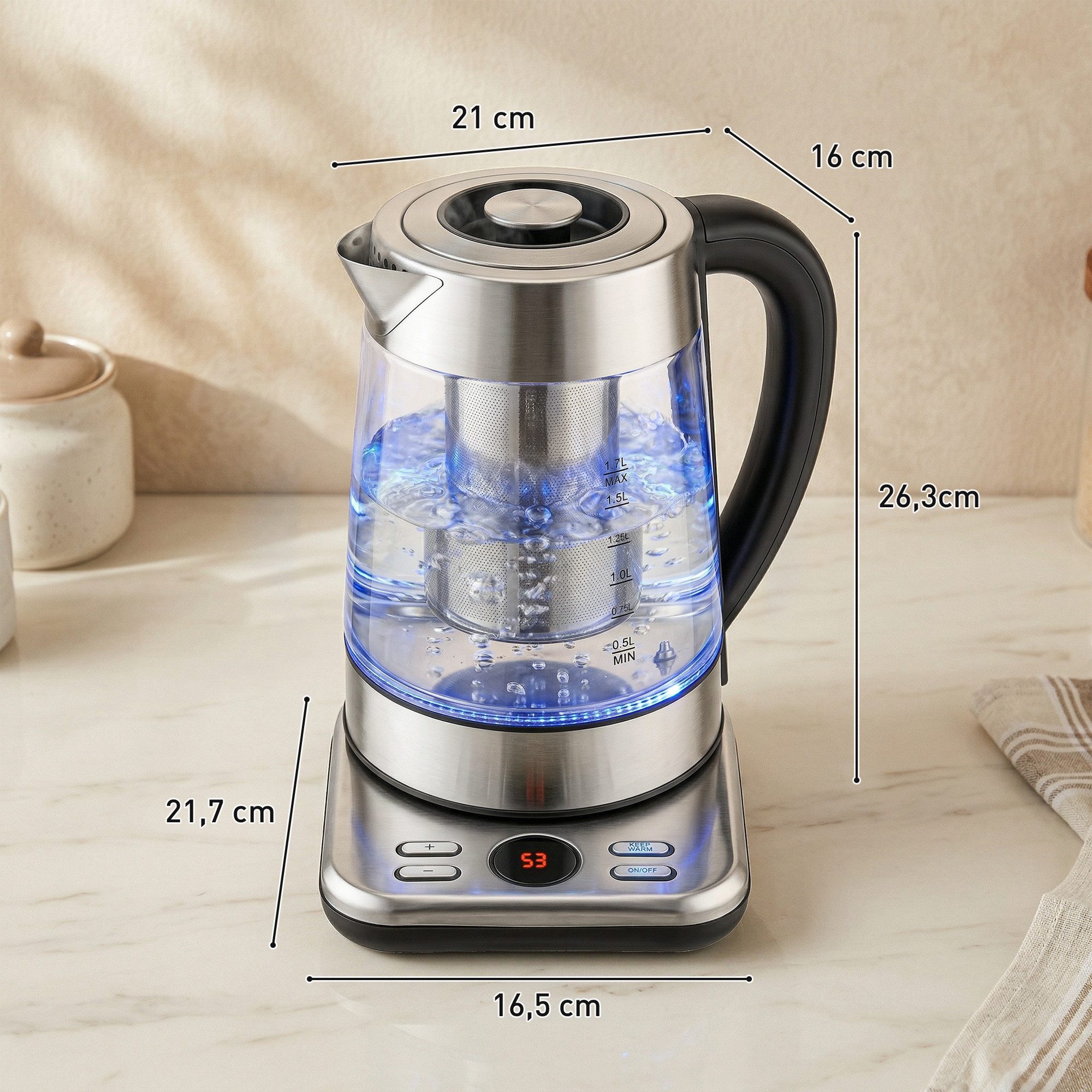 HOMCOM Wasserkocher, 1.7 l, 2200 W, 304 Edelstahl, LCD-Anzeige