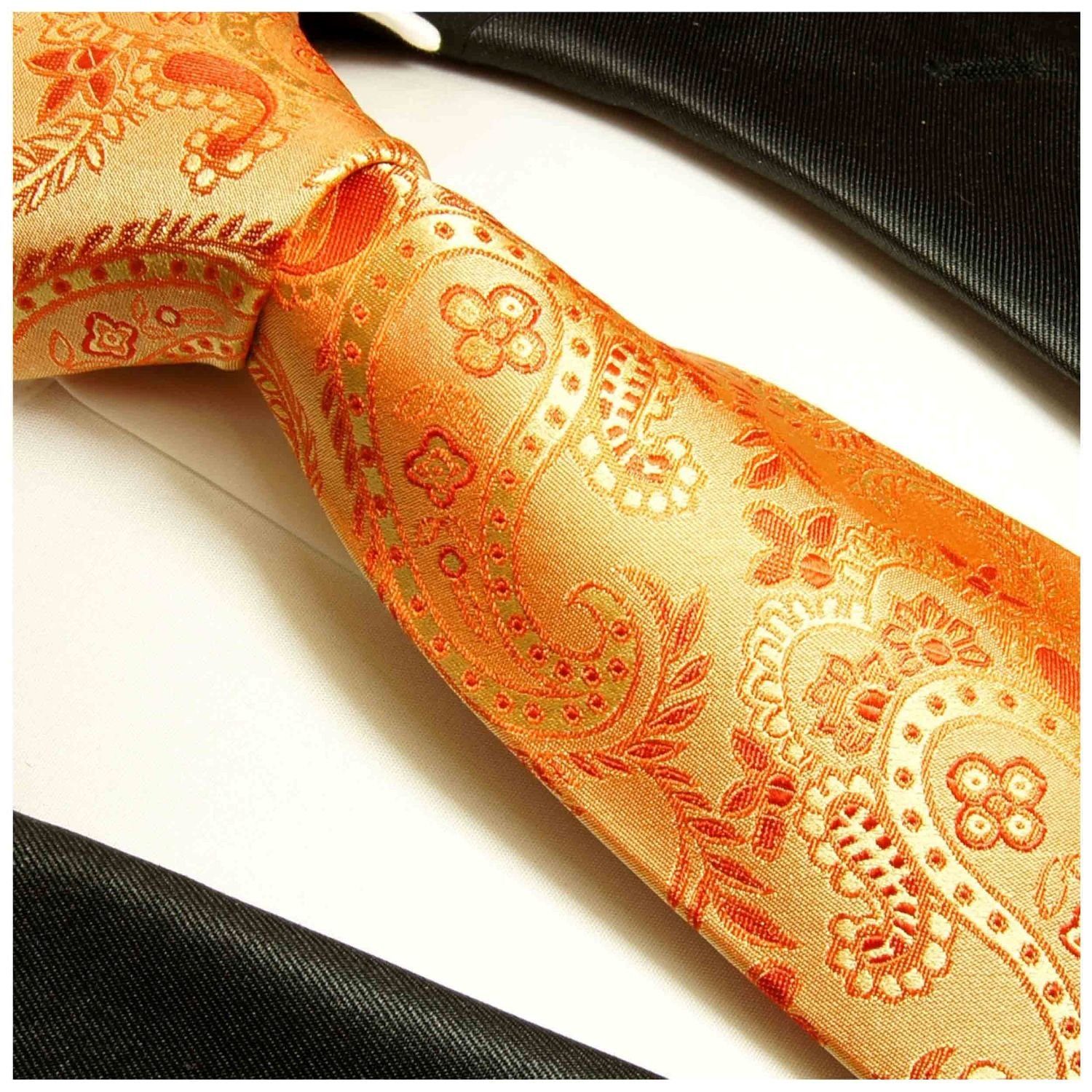 Breit mit Herren Krawatte Seide Paul und 2-St., Einstecktuch) (8cm), Seidenkrawatte 916 100% paisley orange Tuch Krawatte brokat (Set, Malone