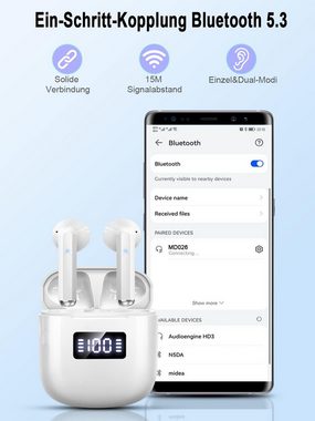 GCBIG Bluetooth 5.3 Kabellos mit ENC 4 Mics für Arbeit und Reisen In-Ear-Kopfhörer (HD-Anrufe mit zwei Mikrofonen für klare Gespräche ohne Hintergrundgeräusche., mit LED Digitalanzeige HiFiStereoklang IP7 Wasserdicht 25 stdSpielzeit)