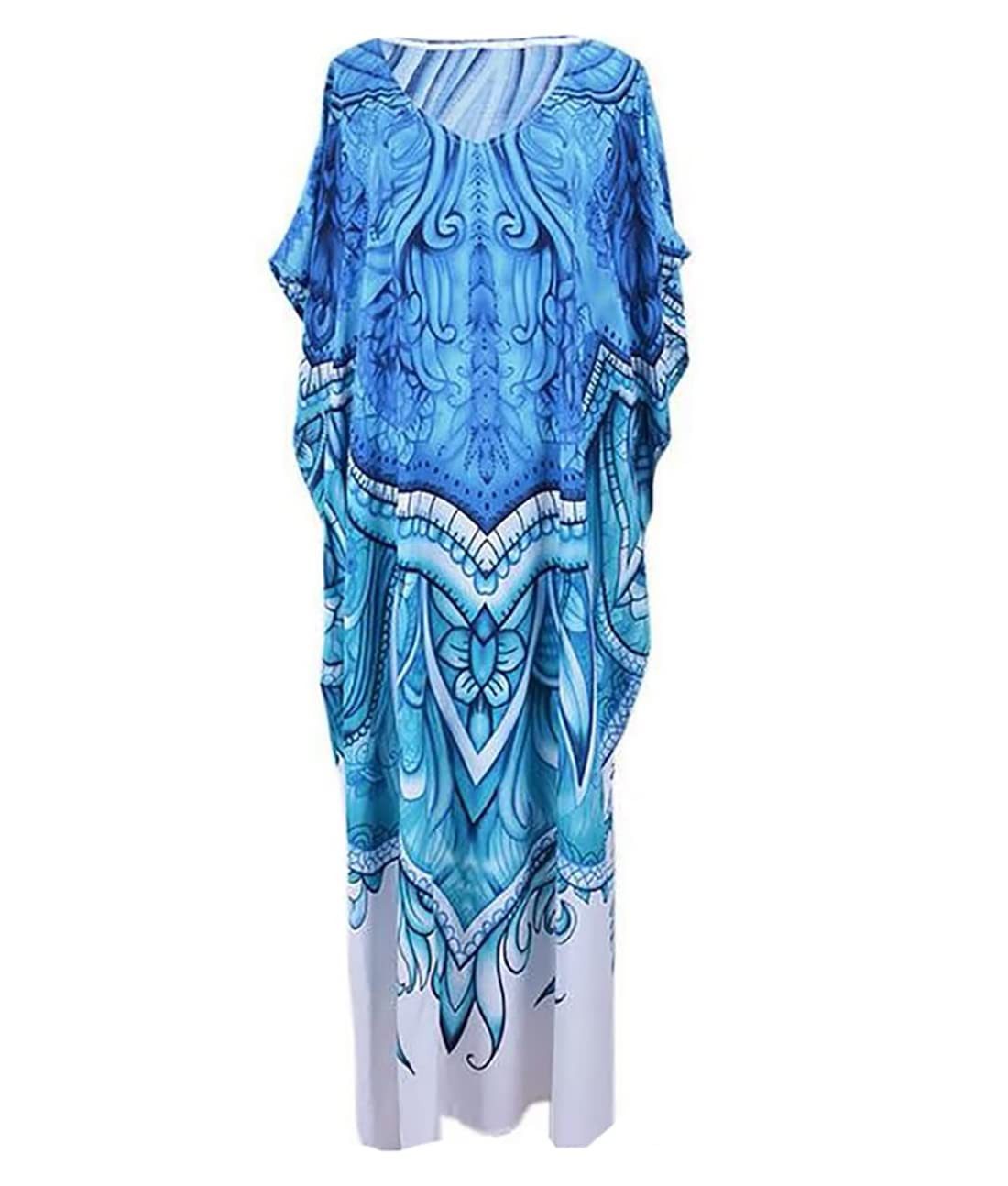 UE Stock Strandkleid Damen Kaftan lange Tunika Sommerkleid Strandkleid One Size Blau Weiß eleganter Boho-Chic Look