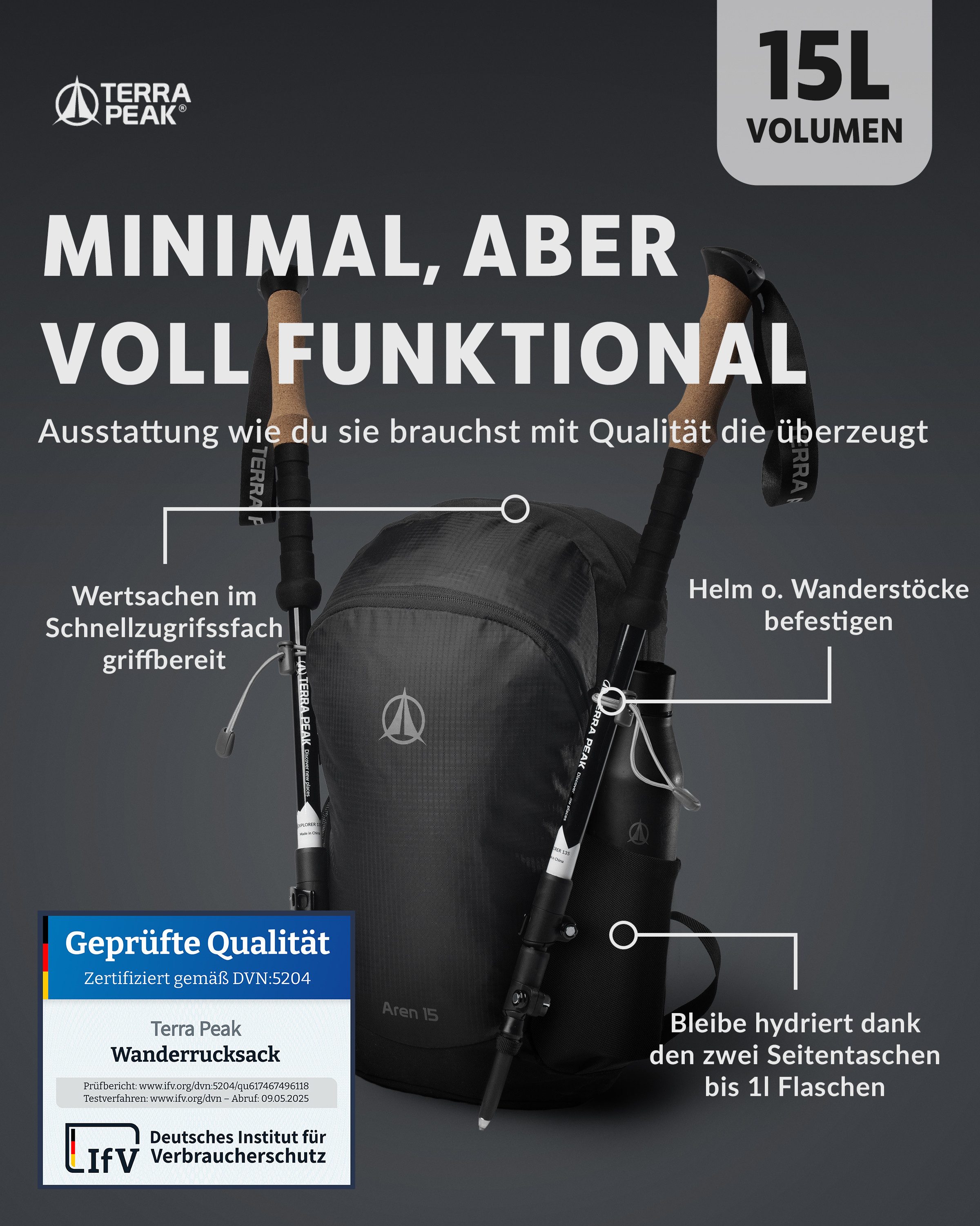 Terra Peak Wanderrucksack Aren 15, Rucksack zum Wandern, klein, 15 Liter Volumen, für Damen und Herren