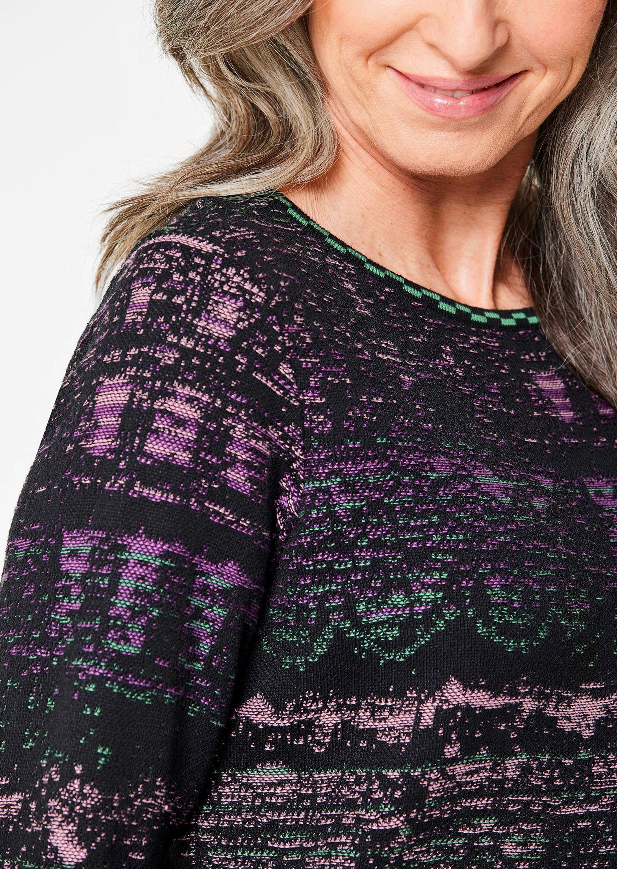 GOLDNER Strickpullover Kurzgröße: Baumwoll-Strickkleid, Rundhals Knieumspielendes Midikleid mit Tubularblende und Langarm