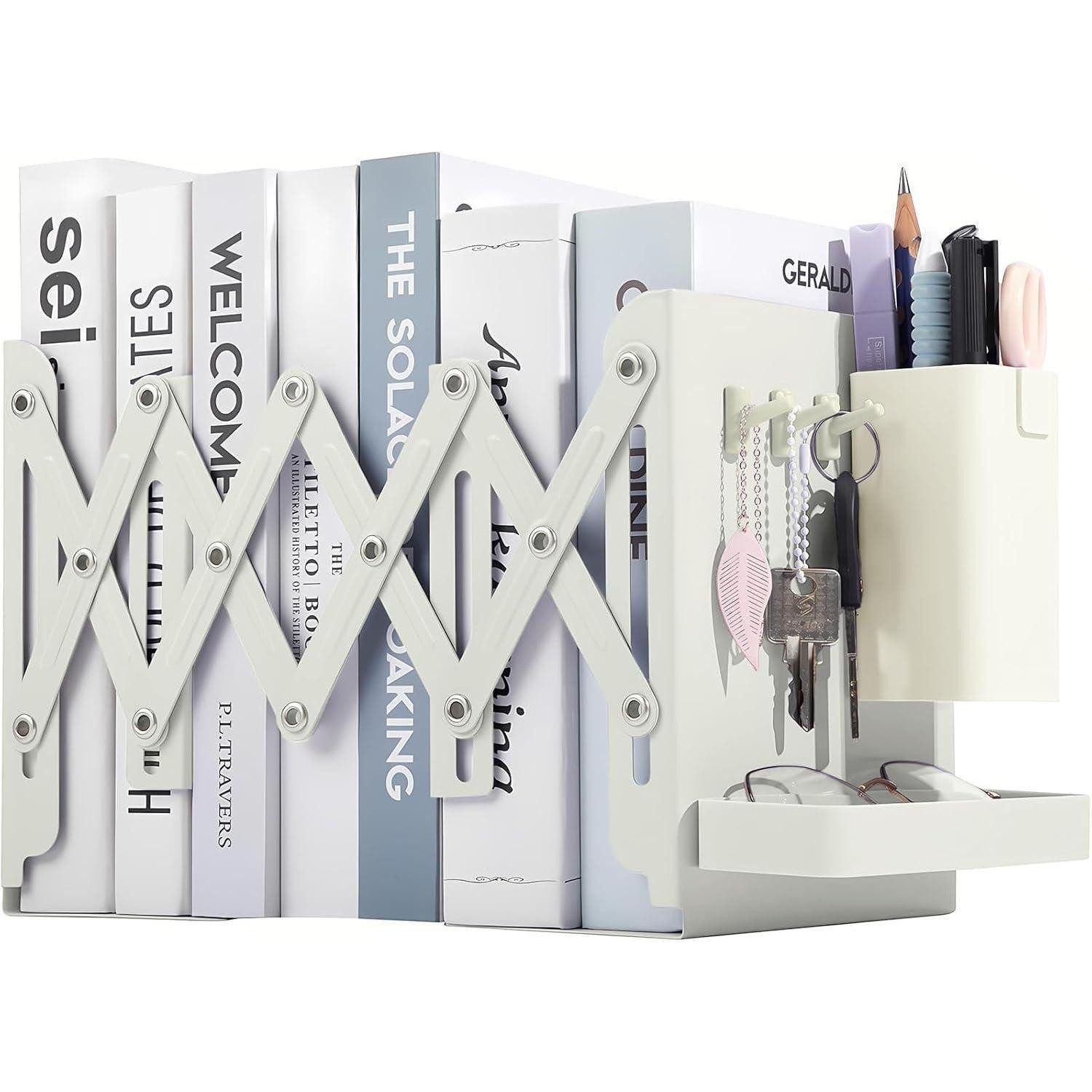 LuxusKollektion Buchstütze Buchstütze ausziehbar Weiß mit Haken Stiftehalter und Ablage 1pack