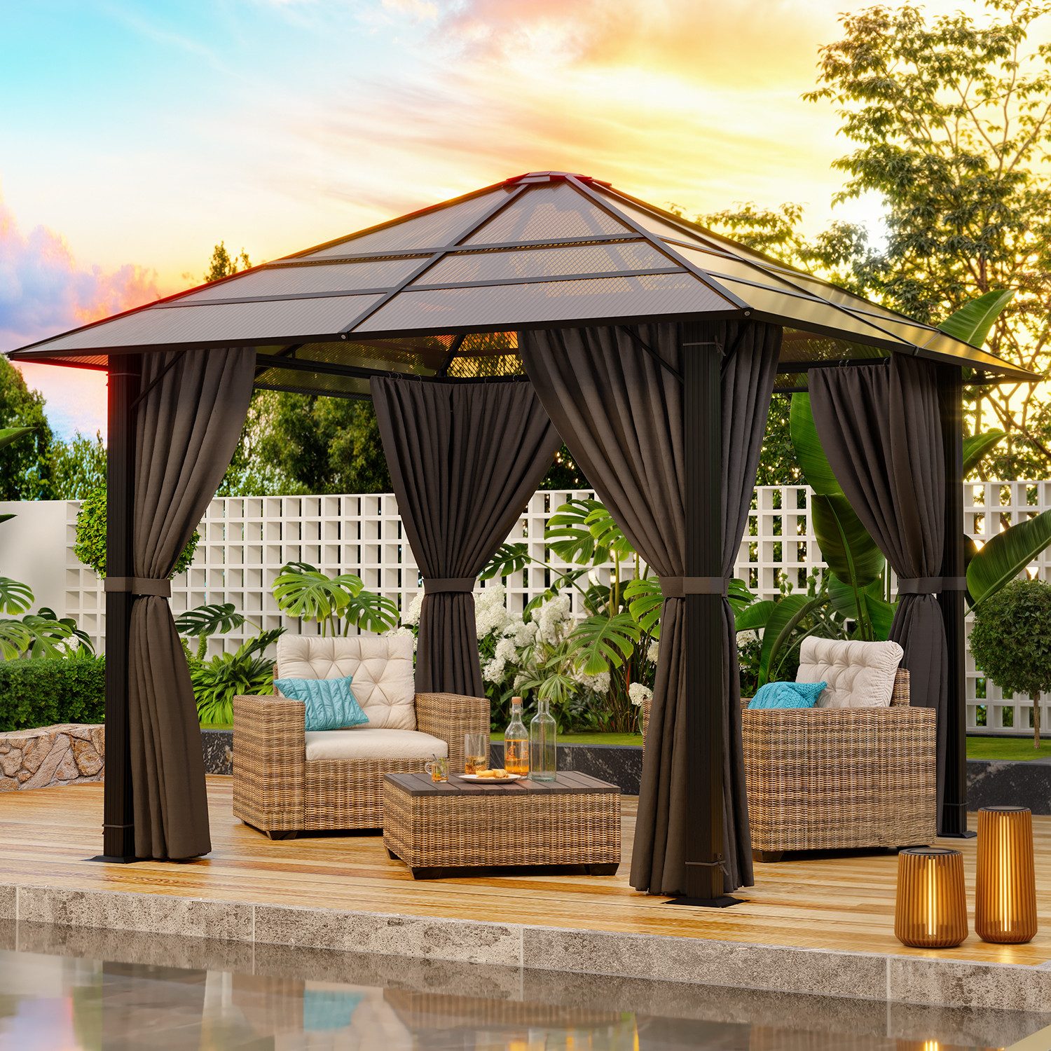 GUNJI Pavillon 3*3m/3*4m Gartenpavillon Aluminium Gazebo - Wasserdichtes Gartenzelt, mit 4 Seitenteilen, (Ausgestattet mit 4 Seitenteilen / Lätzchen für UV-Schutz, geeignet für alle Outdoor-Szenarien)
