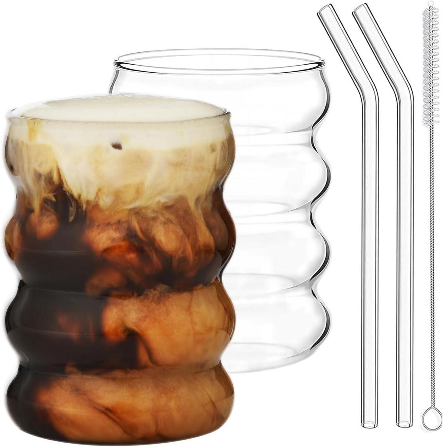 Longdrinkglas 350ML gerippte Trinkgläser Set of 2 with Glass Straws, bubble