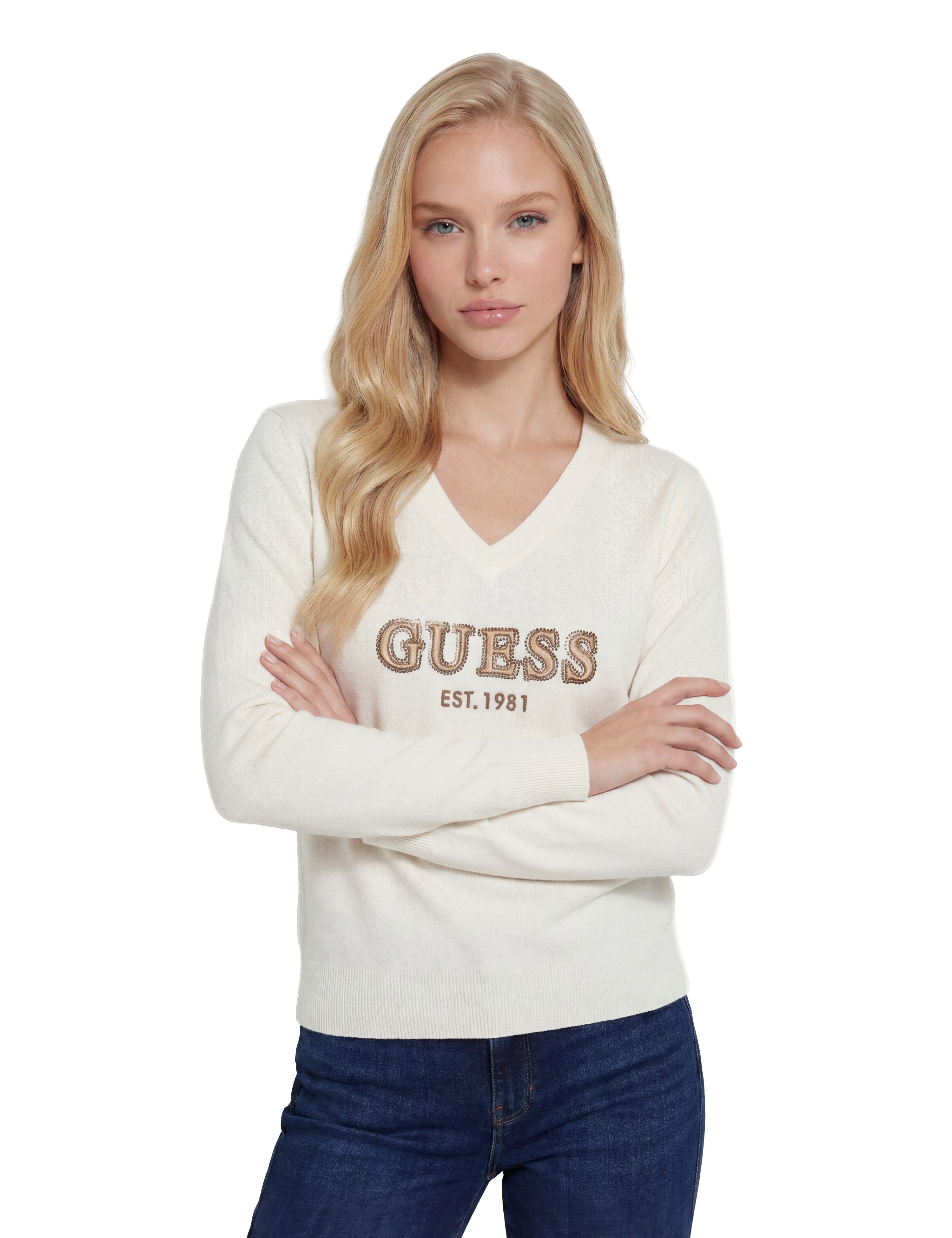 Guess V-Ausschnitt-Pullover LS VN HANNAH LOGO SWTR aus Viskosemix, Logoschriftzug