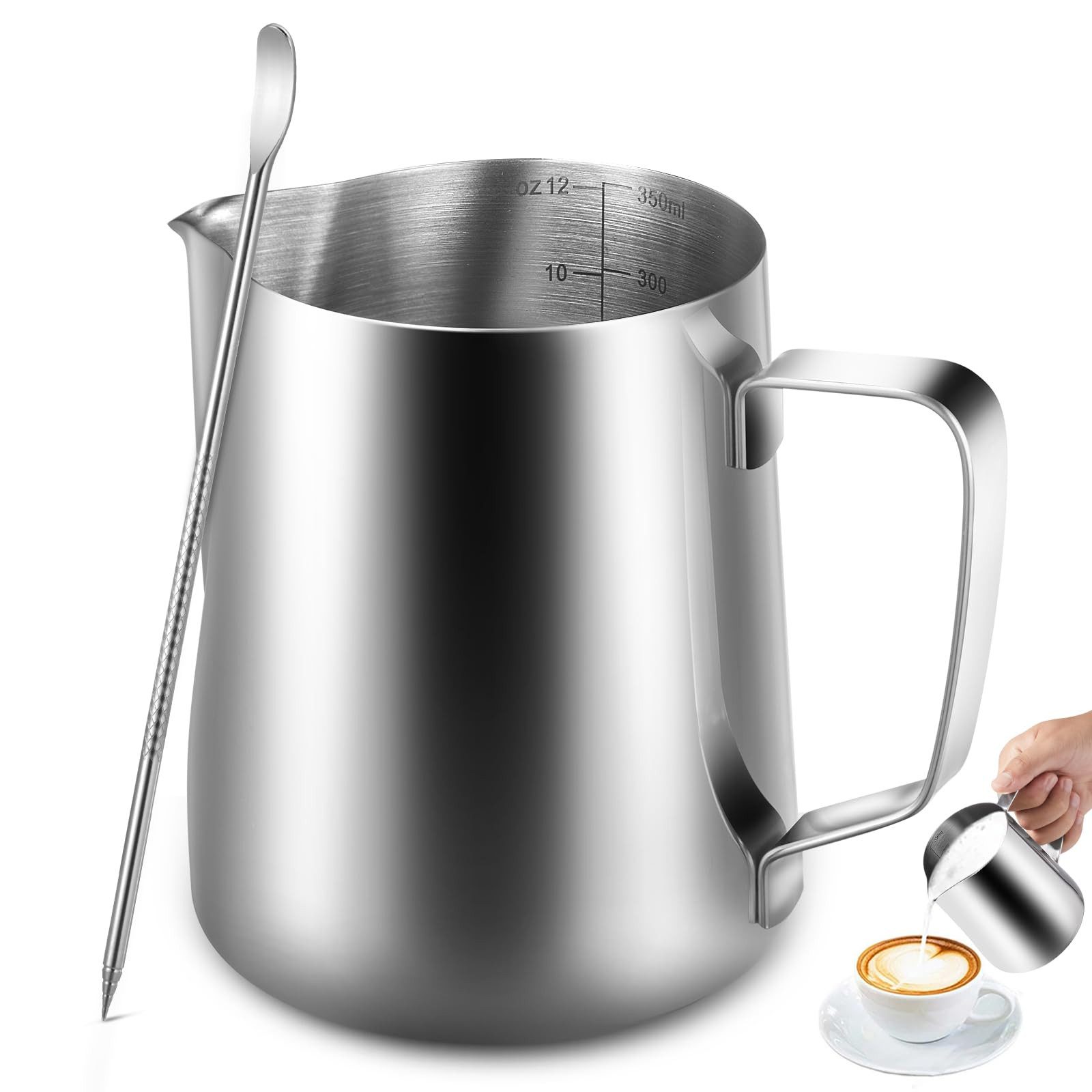 SURFOU Milchkännchen Edelstahl Milchkanne Barista Zubehör Milchaufschäumer Milchbehälter, 0.35 l, (Handheld Aufschäumkännchen Set, Kaffee Creamer Milch Aufschäumer Kännchen Tasse mit Messung Mark und Latte Art Pen, Milchkännchen perfekt für Barista Cappuc