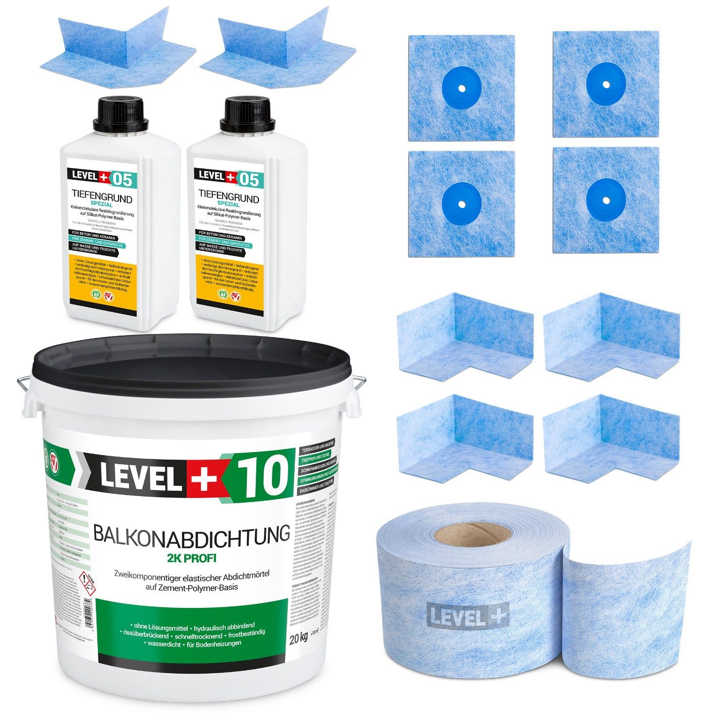 Level+ Dichtstoff Dichtset für Duschabdichtung Bad Dichtband Flüssigfolie 20kg SET29