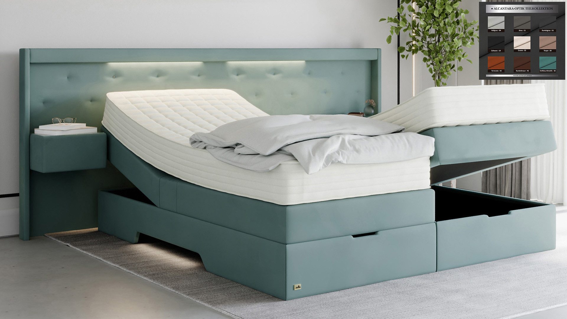 PAARA Boxspringbett mit Nachttischen, Bettkasten, LED, Kopfteil verstellbar Model Paris, Deutschland