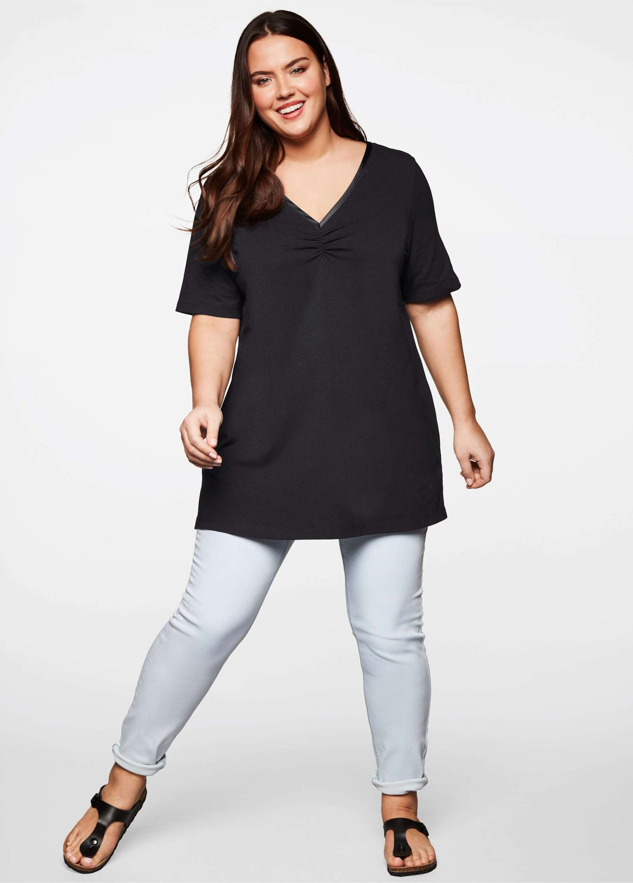 Sheego T-Shirt Longshirt Kurzarm mit Raffung