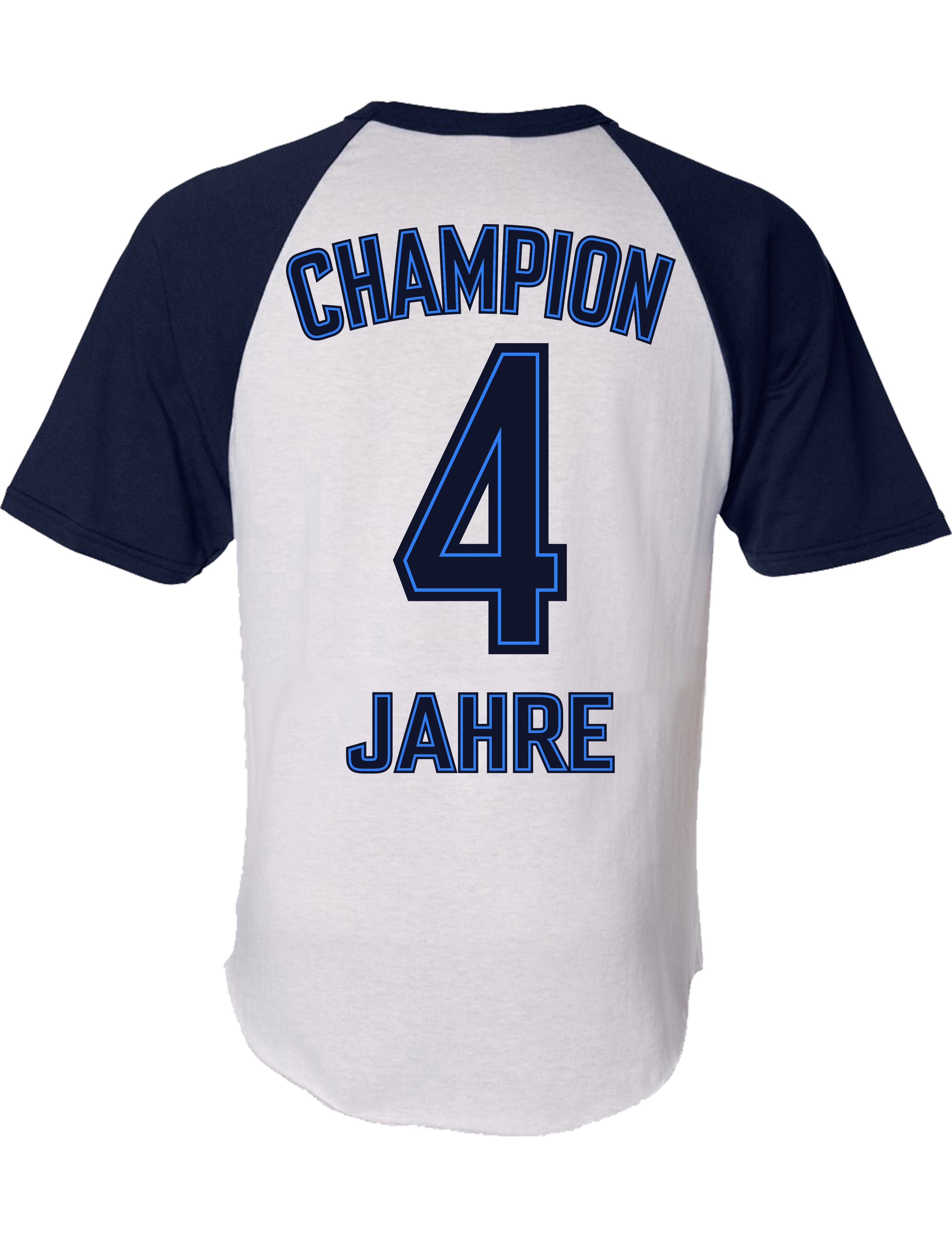 Baddery Print-Shirt Jungen Fussball Trikot zum 4. Geburtstag: "Champion 4 Jahre", hochwertiger Siebdruck, aus Baumwolle