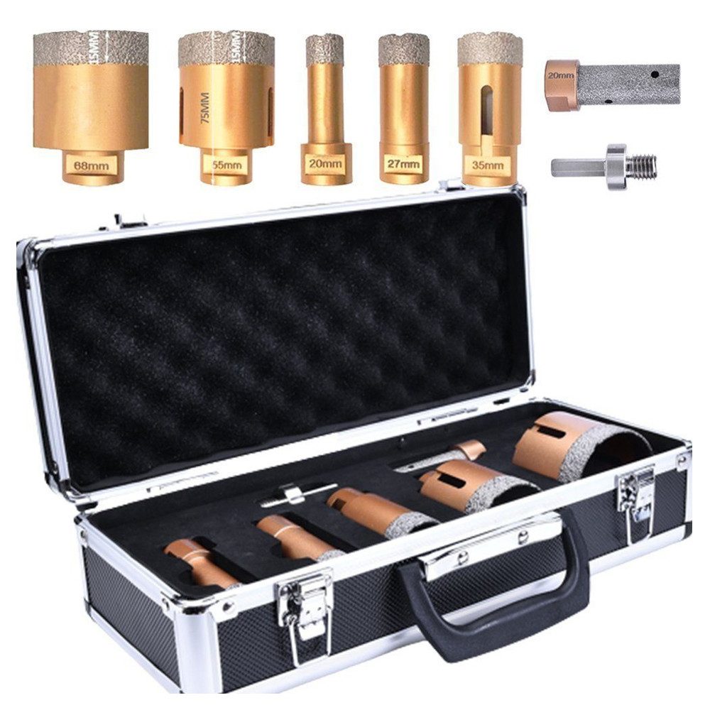 XERSEK Fliesenbohrer Diamant Fliesenbohrer M14 Bohrkronen + 20mm Fingerfräser + M14-3/8"HEX, (Set, 20/27/35/55/68mm), Körnung 50/60, 125mm Trockenschnitt Diascheibe ist fakultativ