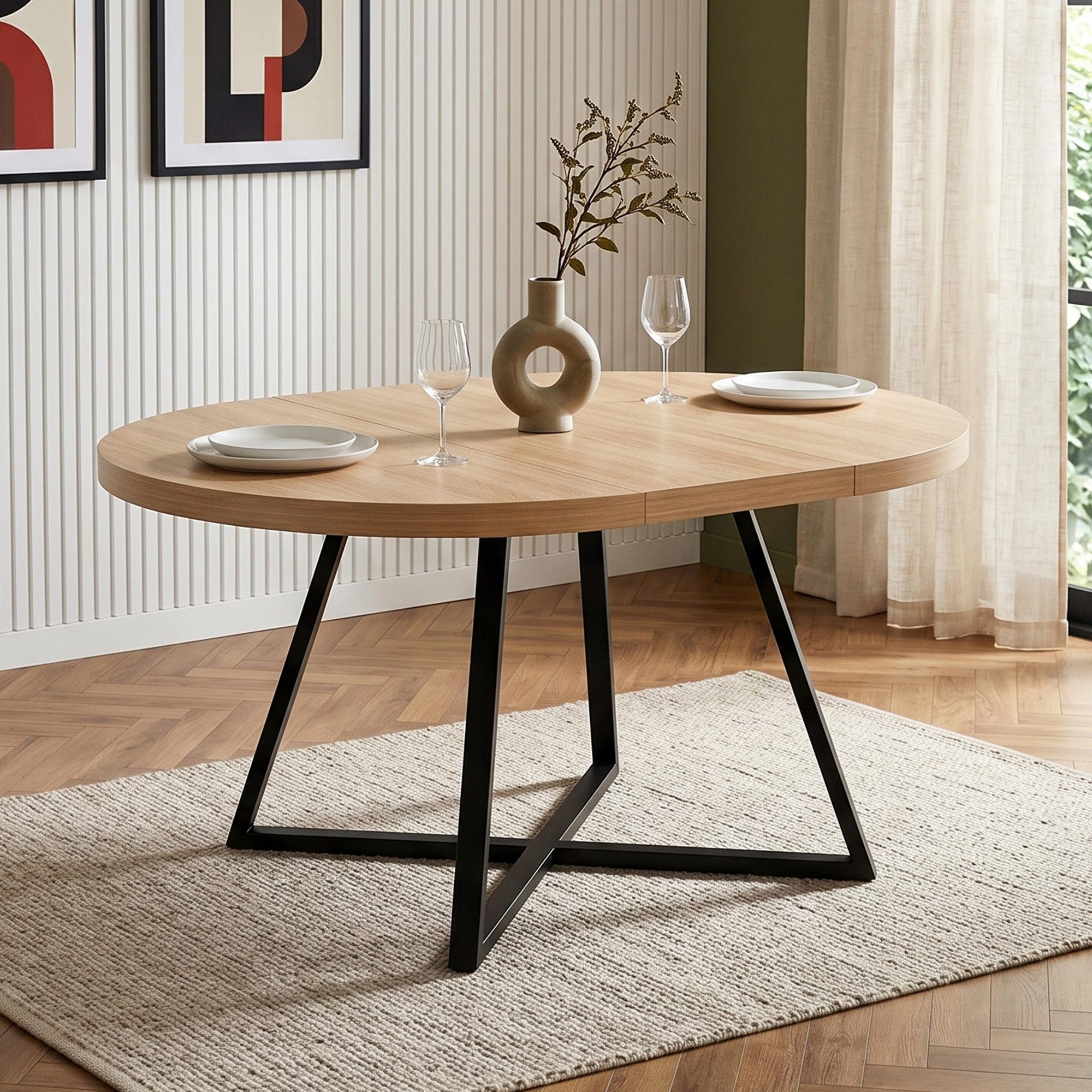 Flieks Esstisch ausziehbarer Küchentisch rund/oval (Länge 100-140x100x75 cm, Höhe Tischplatte 3cm, 1-St., 1 Tisch), erweiterbarer Tisch Holzoptik Schreibtisch Eichenfarbe, Metallgestell
