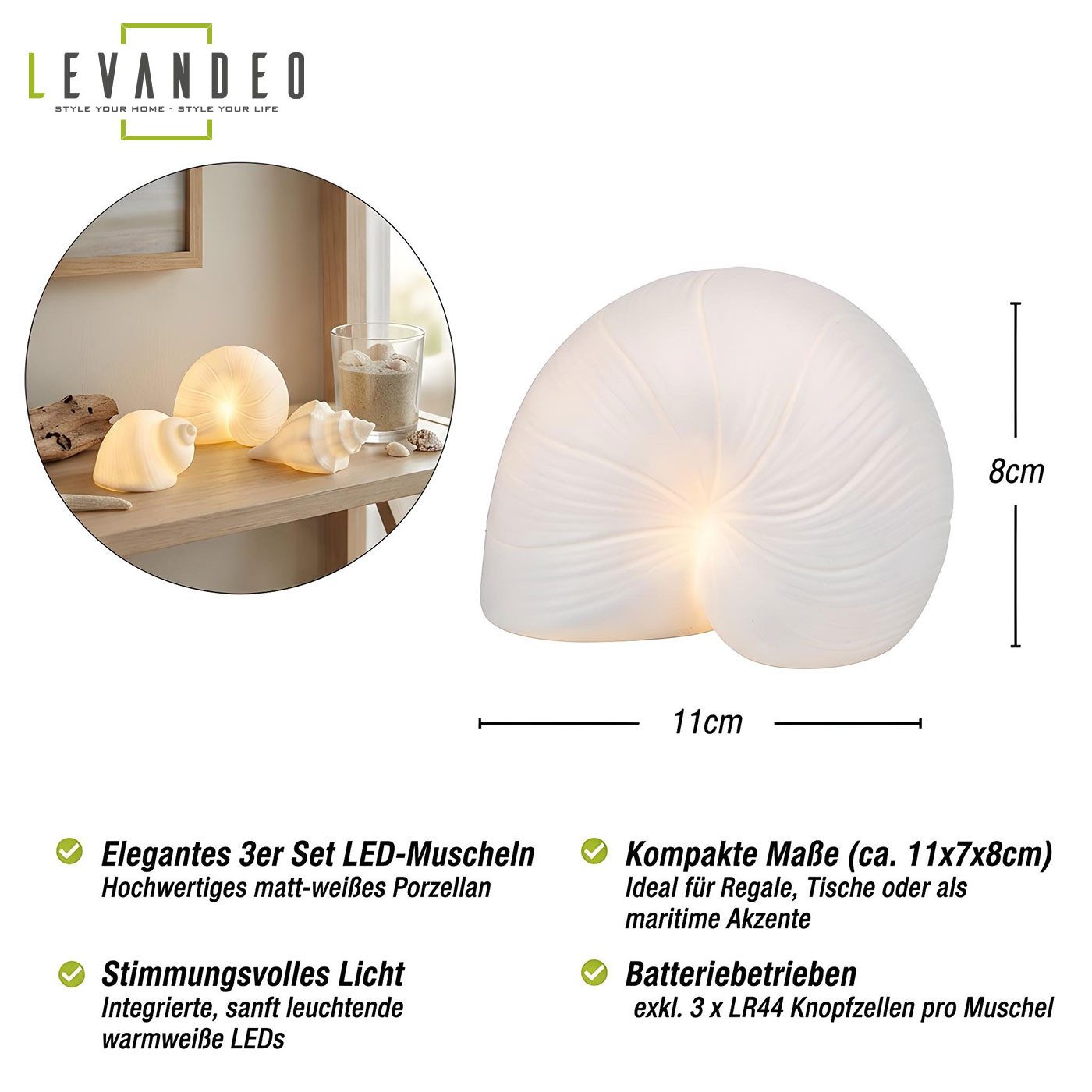Levandeo® LED Dekoobjekt 3er Set LED Deko Licht Muschel Weiß Porzellan Maritime Tischdeko Stimm, warmweiß