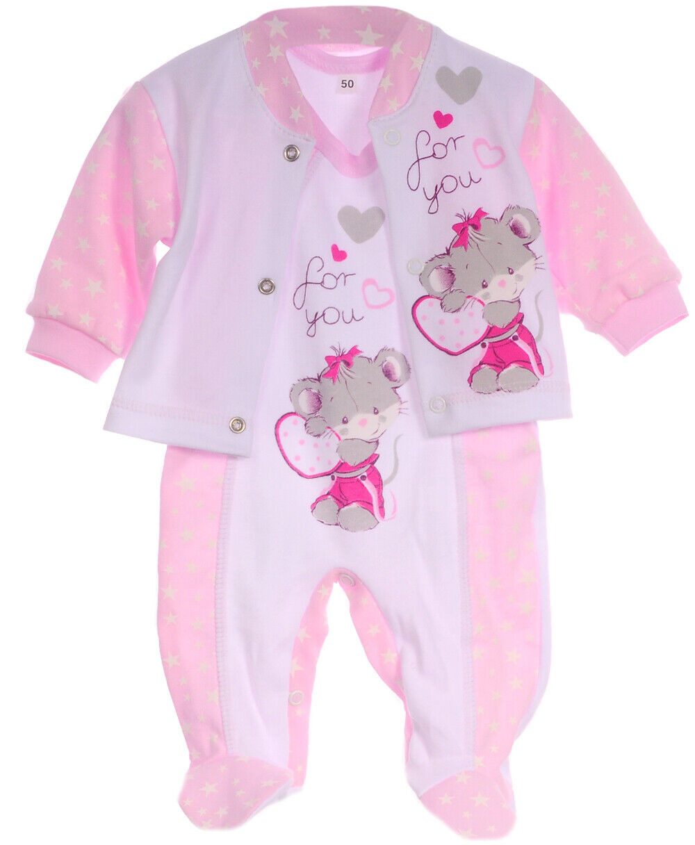 La Bortini Strampler Strampler und Hemdchen Set Anzug 2tlg in Rosa mit Mäuschen (Anzug für Mädchen, 2-teilig, Erstlingsset für Neugeborene) aus reiner Baumwolle, 44 50 56 62 68 74