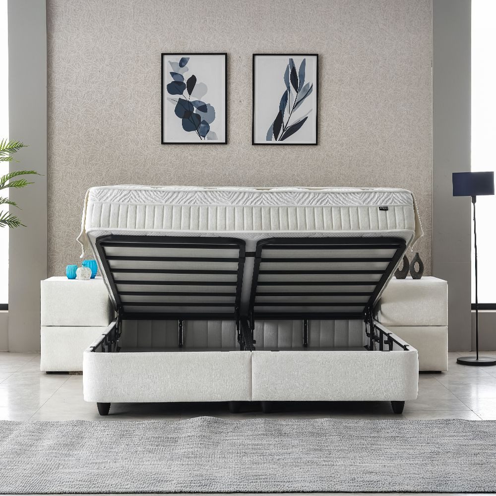 abc bedding Boxspringbett Komfortbett LAURA in stillvollem creme Stoffdesign (Bett mit Topper, inkl. Matratze und Topper), Voll-orthopädisches Schlafsystem inklusive Bettkasten