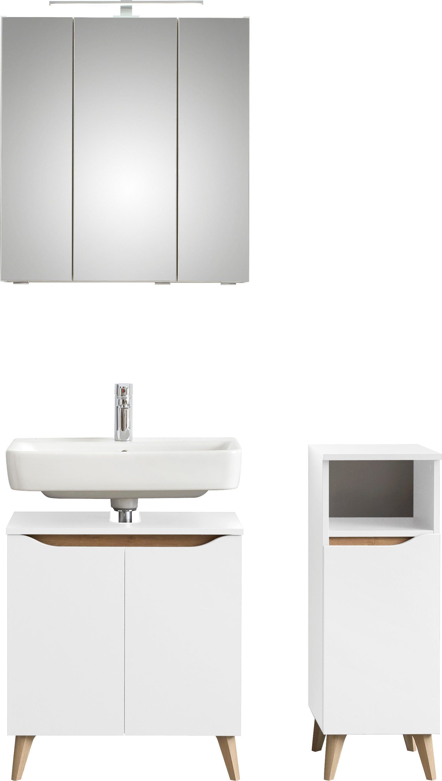 Badmöbel-Set Quickset 3-teilig, Waschbeckenunterschrank mit LED-Spiegelschrank