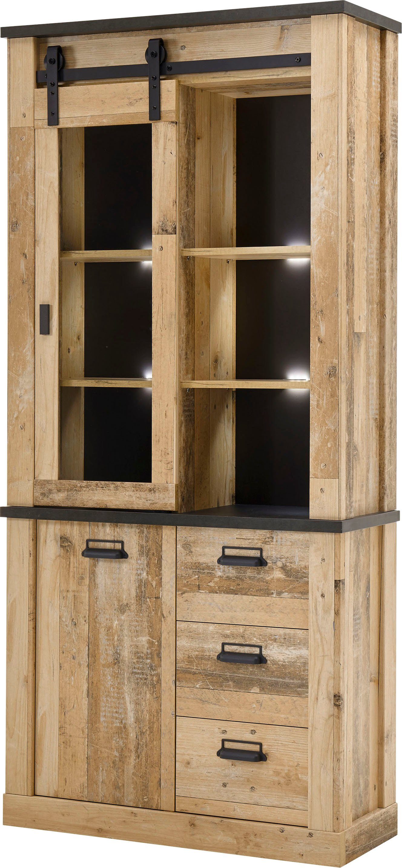Home affaire Vitrine Sherwood, Hochschrank im Industrial-Style, moderne Glasvitrine Scheunentorbeschlag und Apothekergriffe aus Metall, Höhe 201 cm