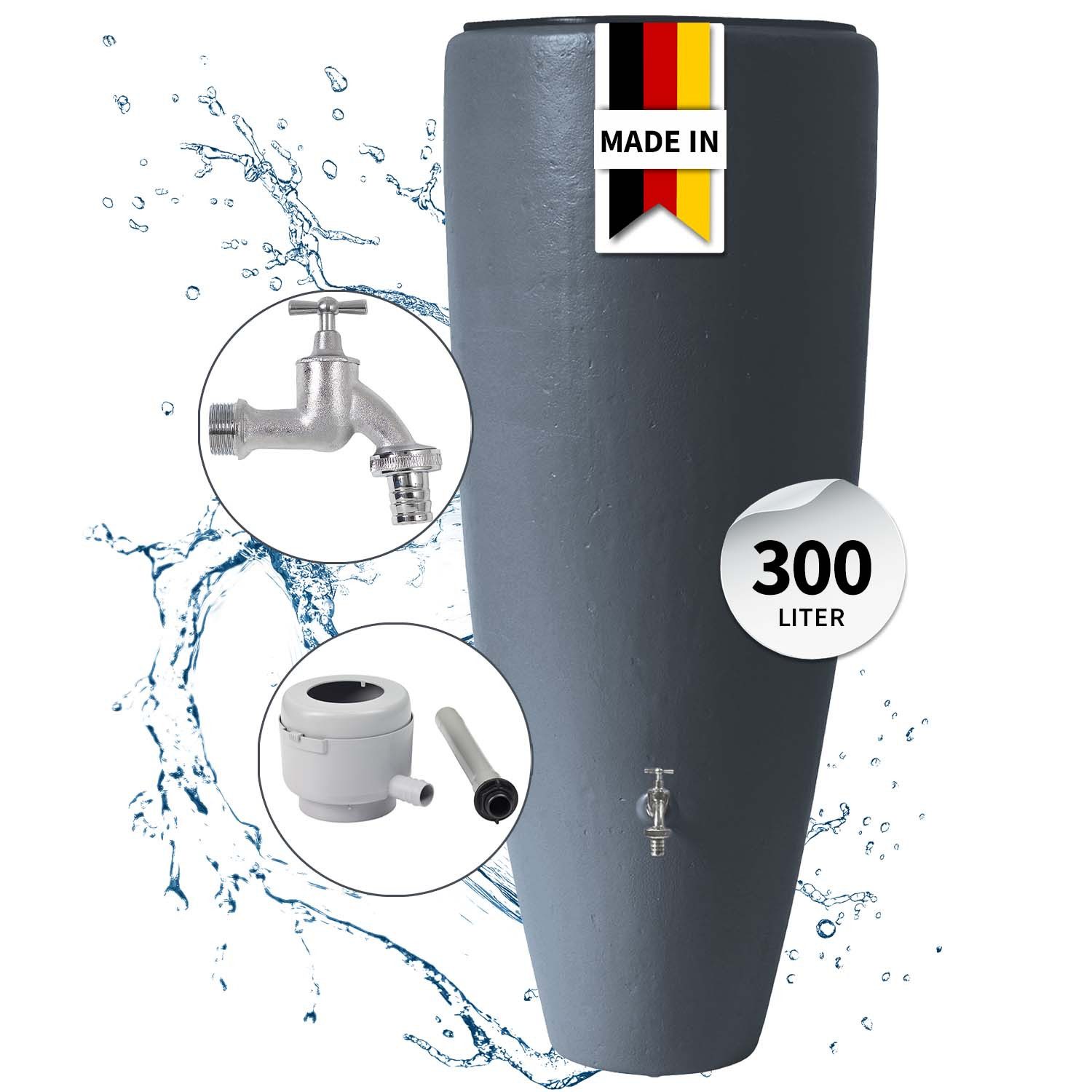 GARANTIA Regentonne 2in1 Wasserbehälter Komplett-Set 300 L, graphite grey