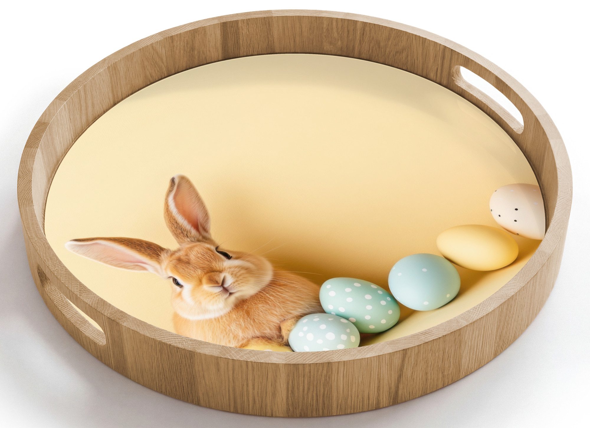 OnlyWow Tablett Rund mit Henkel Eier - Kaninchen - Pastellfarbtöne, Eichenholz, (1-tlg), Siervierplatte, Tray, Frühstücksbrett
