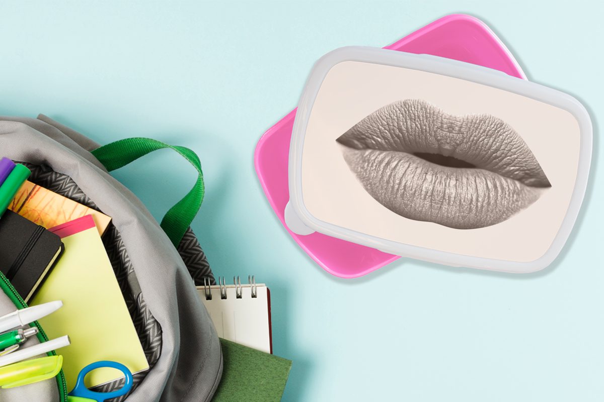 MuchoWow Lunchbox Lippen - Pastell Erwachsene, Mädchen, Kinder, - (2-tlg), für Kunststoff, rosa Brotbox Brotdose Grau, Snackbox, Kunststoff