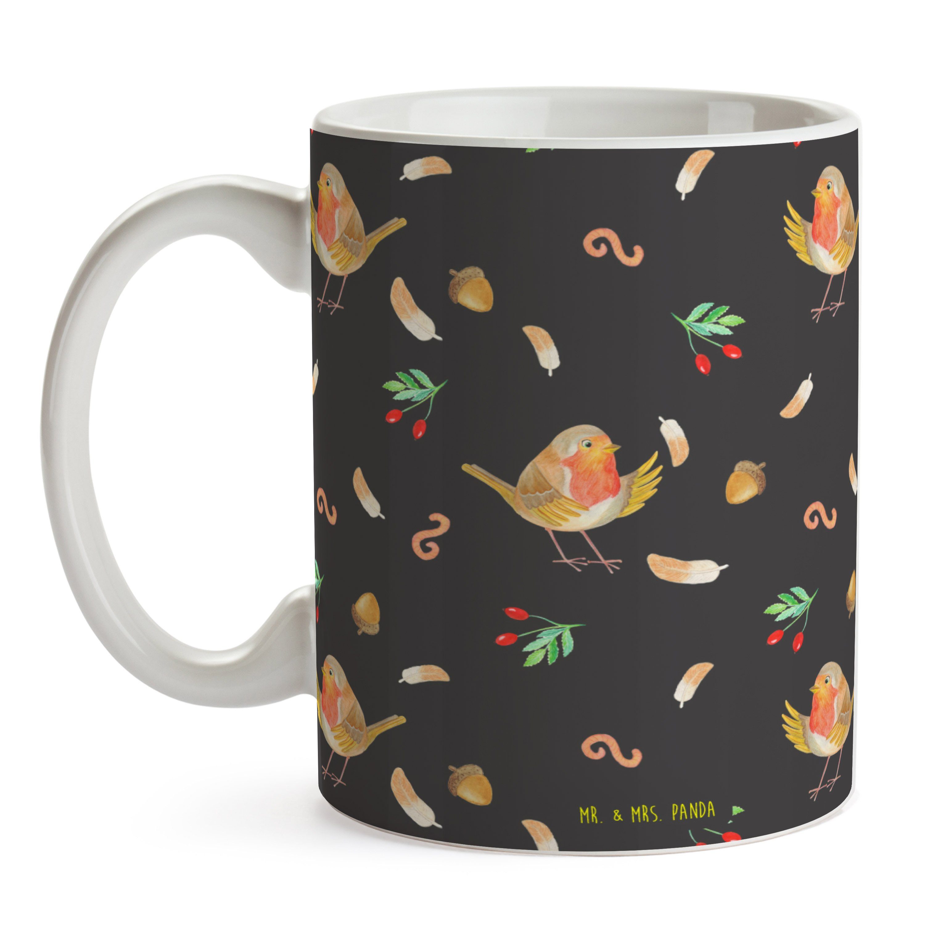 Mr. & Mrs. Panda Tasse Rotkehlchen mit Federn - Grau - Geschenk, Tasse Sprüche, Kaffeetasse, Keramik