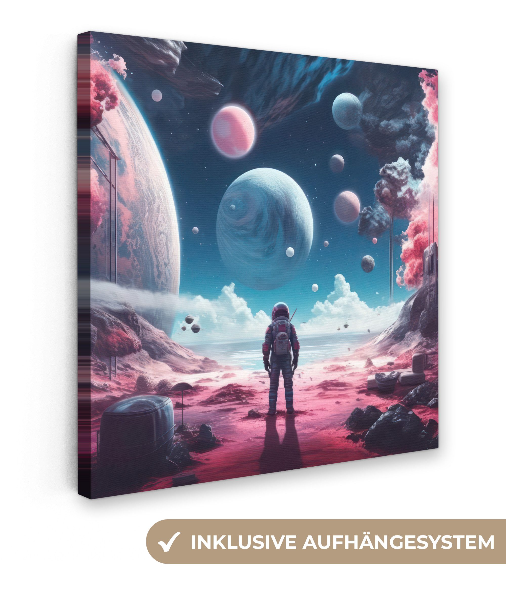 OneMillionCanvasses® Leinwandbild Astronaut - Weltraum - Planeten - Wolken, Fotodruck (1 St), Gaming Bilder, Wandbild Gamingzimmer, Deko Wandbilder Gamer 20x20 cm
