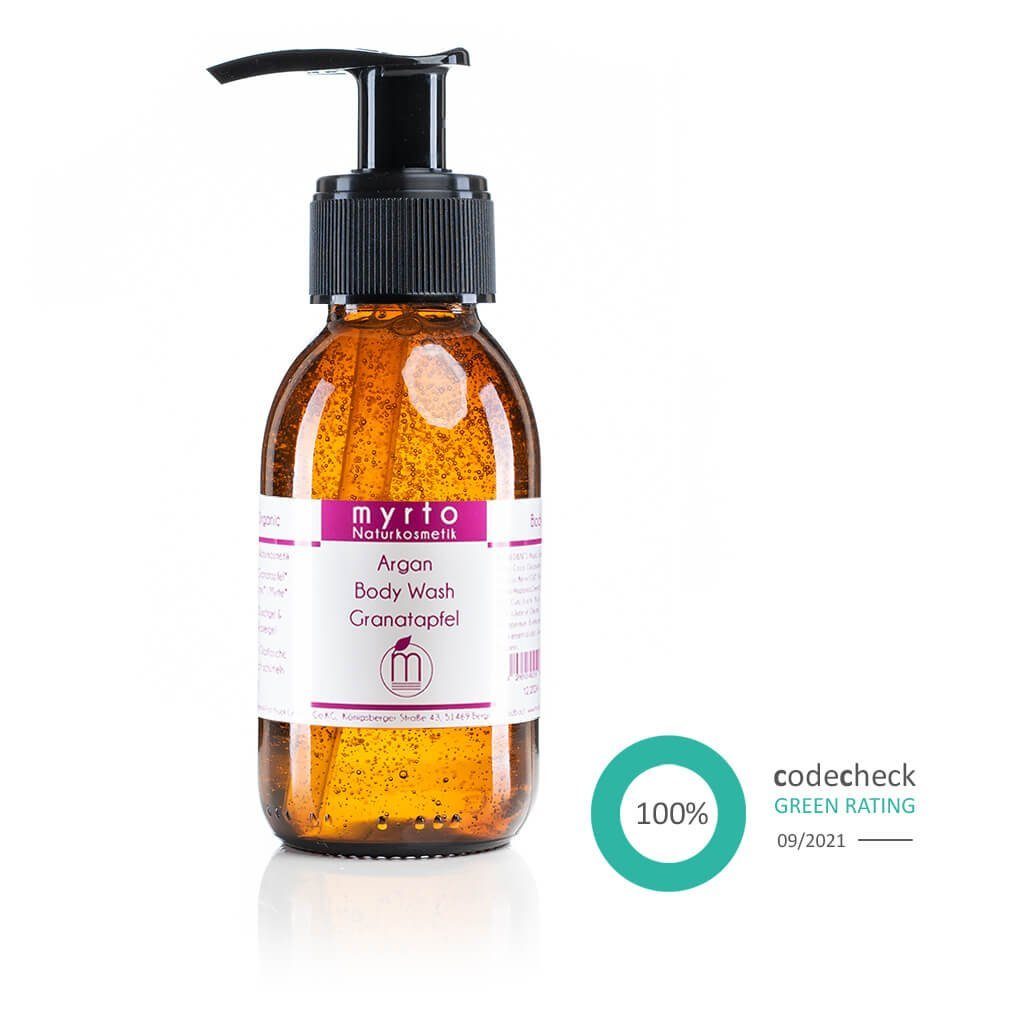 myrto Naturkosmetik Duschgel Argan Body Wash Granatapfel - für sensible Haut, 3-in-1 Produkt, Duschgel, Shampoo, mildes Rasiergel | Duschgele