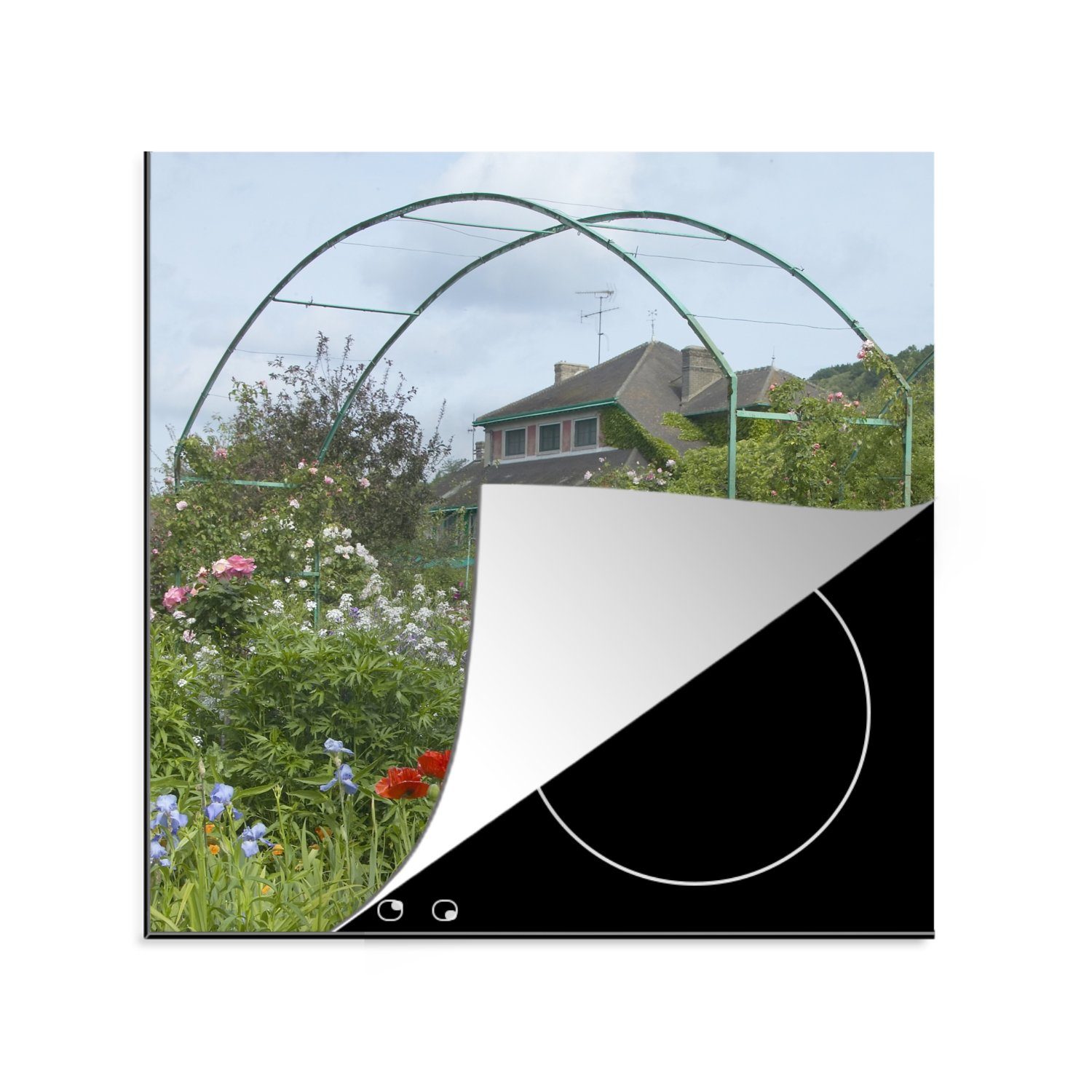 MuchoWow Herdblende-/Abdeckplatte Monets Haus mit bunten Blumen im Garten in Giverny, Frankreich, Vinyl, (1 tlg), 78x78 cm, Ceranfeldabdeckung, Arbeitsplatte für küche
