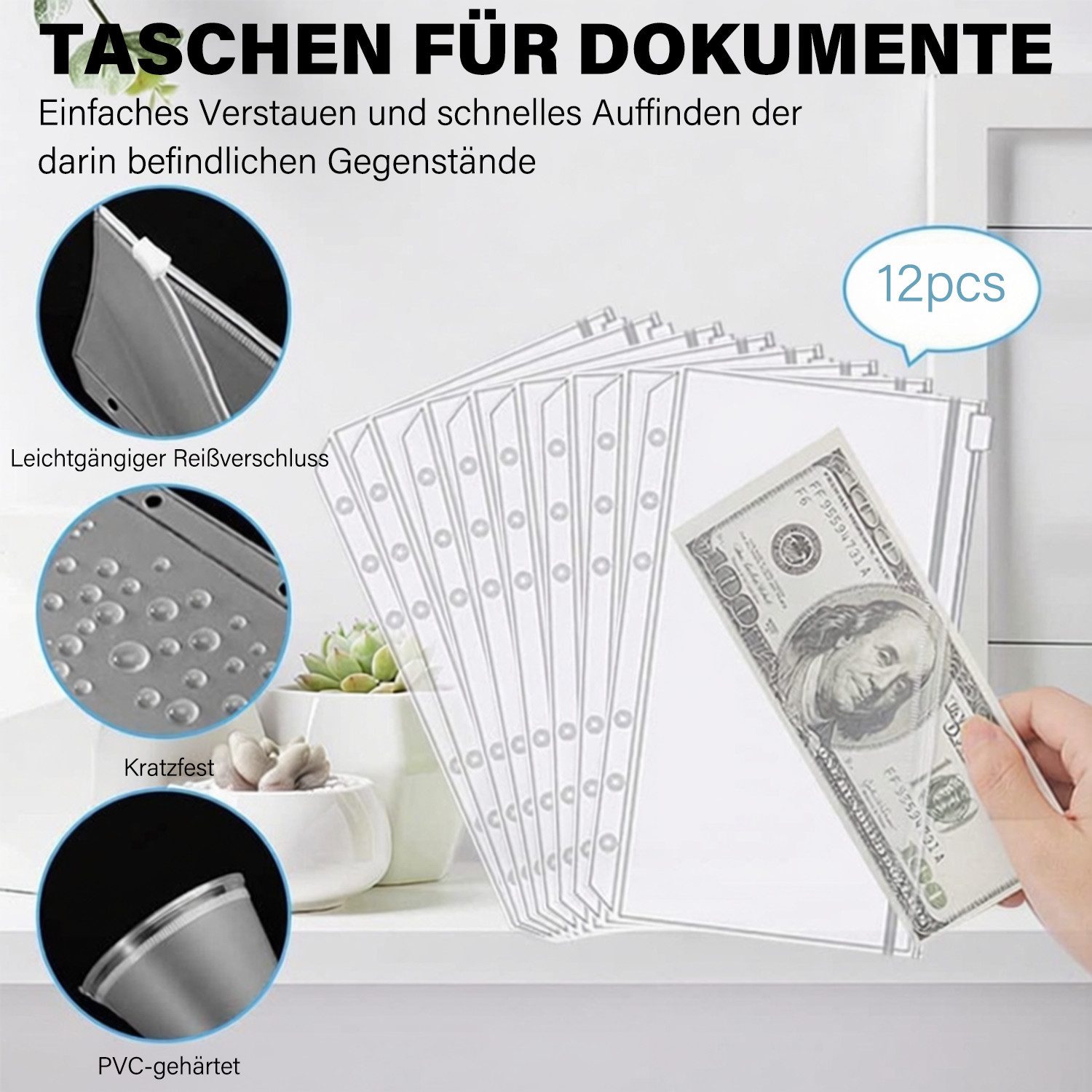 MOPUEA Konferenzmappe A6 Budgetordner Ringbuchmappe Geldkassette aus Kunstleder (Schreibmappe, 1-St., Multifunktionale Geld- / Dokumentenmappe mit 12 Reißverschlussfächern), Kartenfächern und Budgetbögen für Haushalt, Büro und Reisen