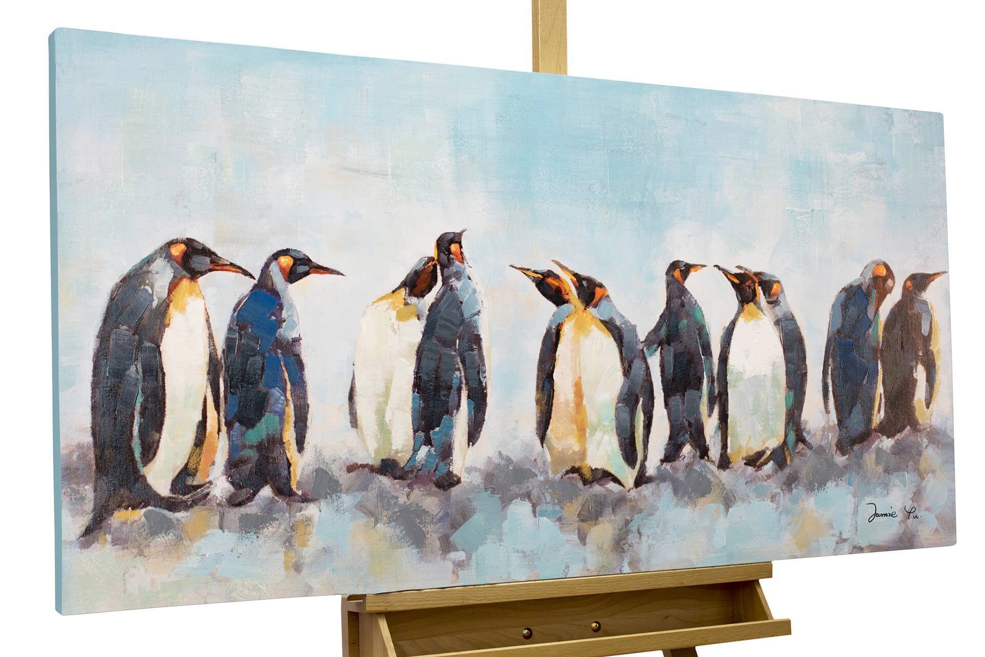 KUNSTLOFT Gemälde Kreis der Pinguine 120x60 cm, Leinwandbild 100% HANDGEMALT Wandbild Wohnzimmer