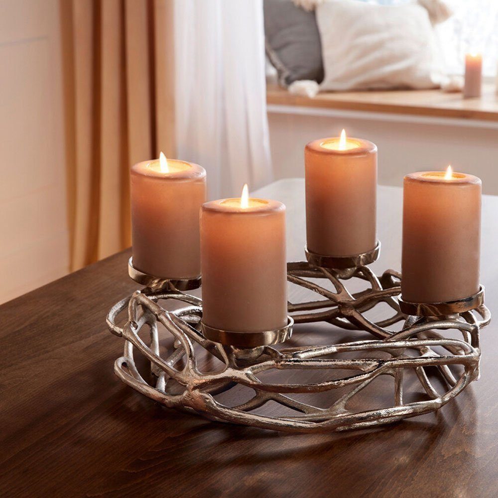 Home-trends24.de Adventskranz Metall Deko Kranz Kerzenhalter Silber Edel Weihnachten, silberfarbener Kranz, Adventsgesteck