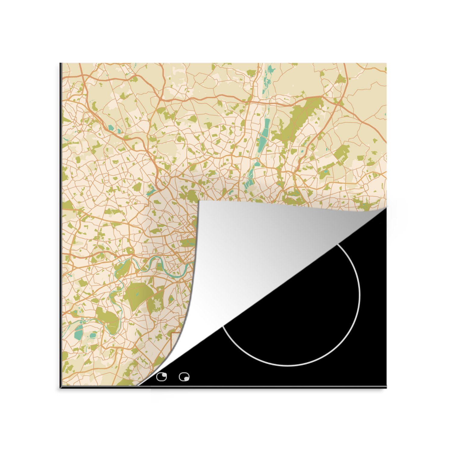 Herdblende-/Abdeckplatte Arbeitsplatte Vinyl, küche für - 78x78 London (1 cm, MuchoWow tlg), Ceranfeldabdeckung, Karte, Vintage - - Stadtplan