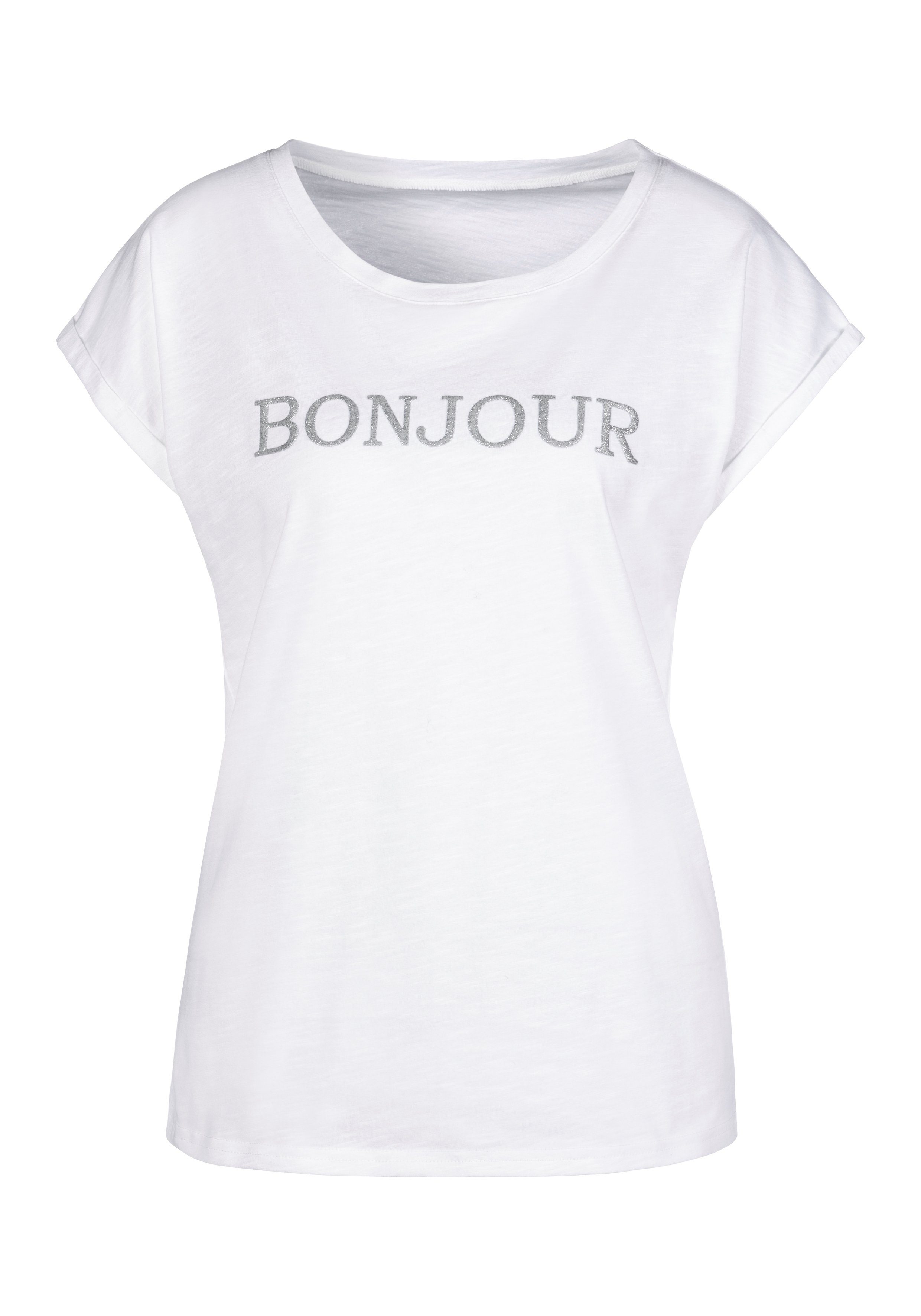 mit T-Shirt Vivance Frontdruck "Bonjour" weiß modischem