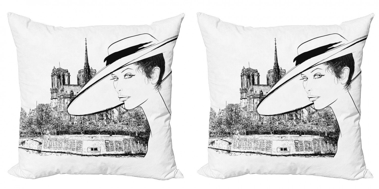 Kissenbezüge Modern Accent Doppelseitiger Digitaldruck, Abakuhaus (2 Stück), Notre Dame Skizze einer Französisch Frau