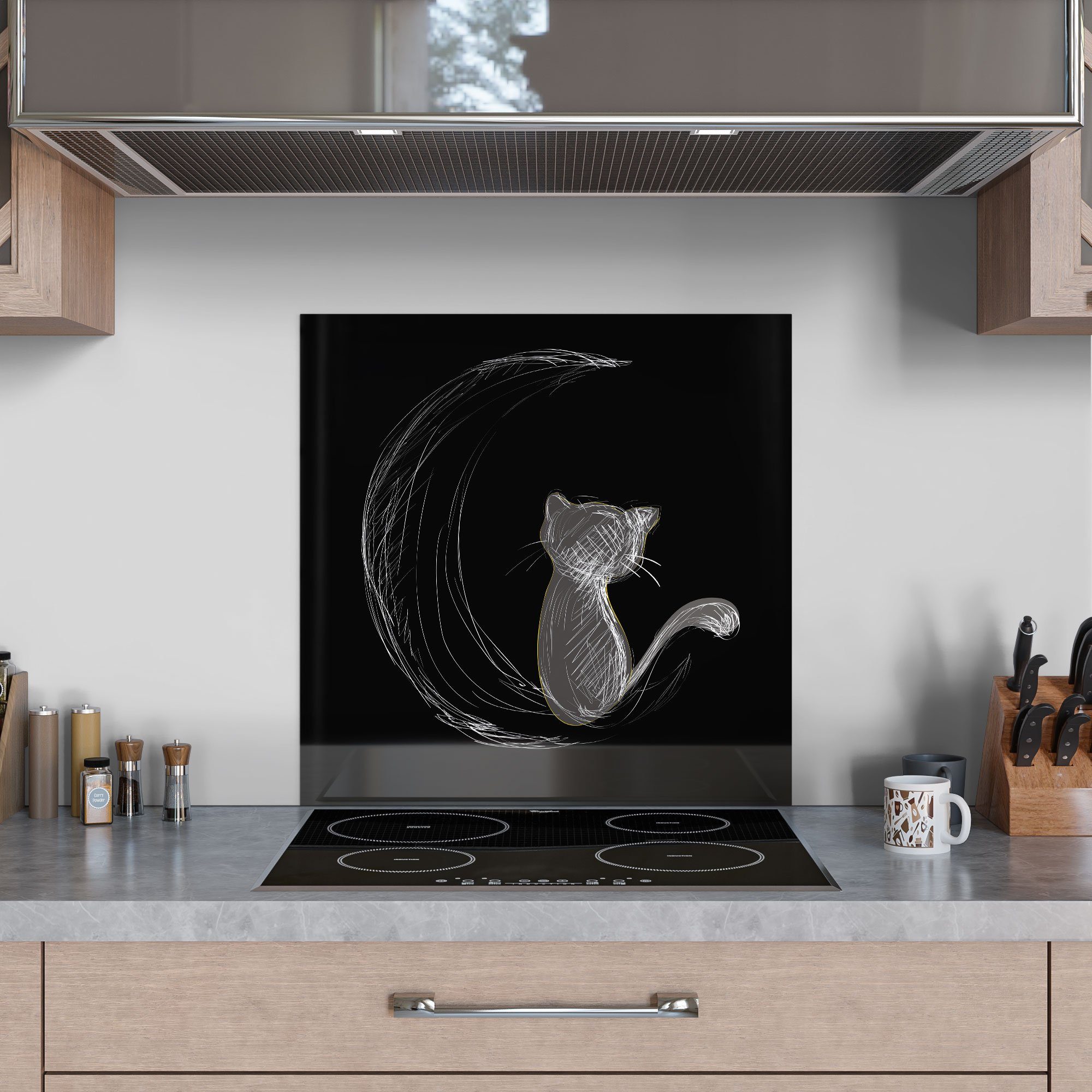 Glas Badrückwand 'Die Herdblende der und Katze Küchenrückwand Mond', DEQORI Spritzschutz