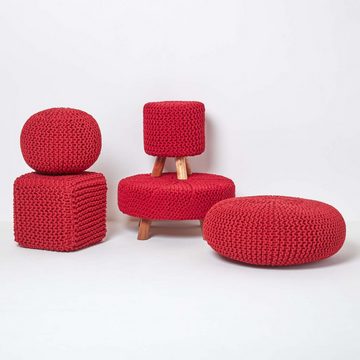 Homescapes Pouf Großer Strickpouf 100% Baumwolle, rot